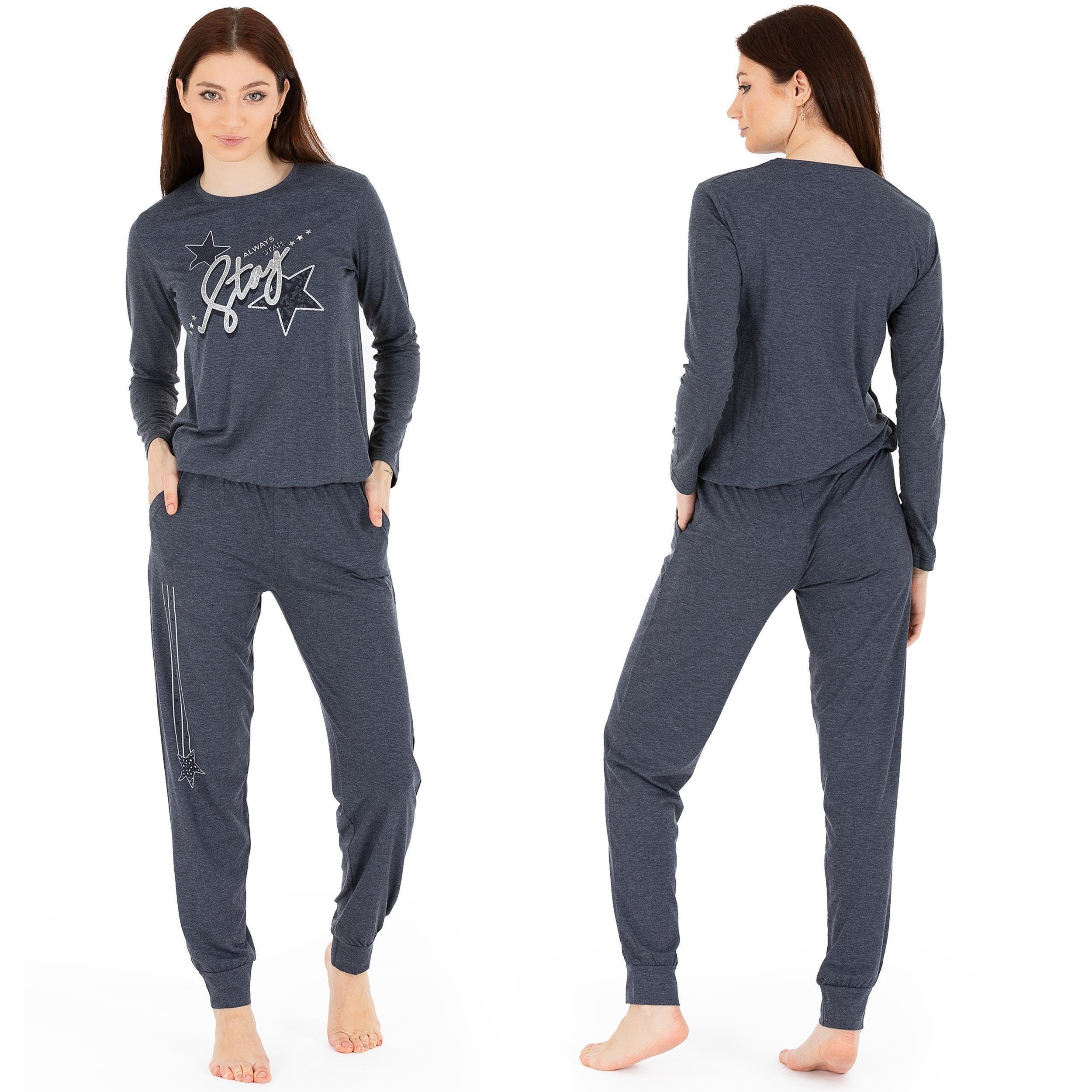 LOREZA Schlafanzug Damen Pyjama STERN Viskose Hausanzug Schlafanzug langarm S-XL (Set, 2 tlg)