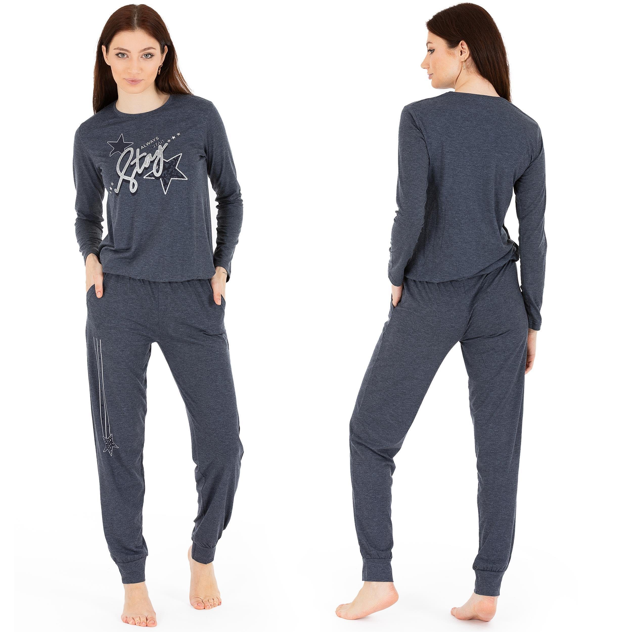LOREZA Schlafanzug Schlafanzug Pyjama langarm- Stern - Grau (Set, 2 tlg) günstig online kaufen