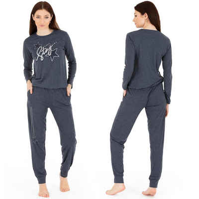 LOREZA Schlafanzug Schlafanzug Pyjama langarm- Stern - Grau (Set, 2 tlg)