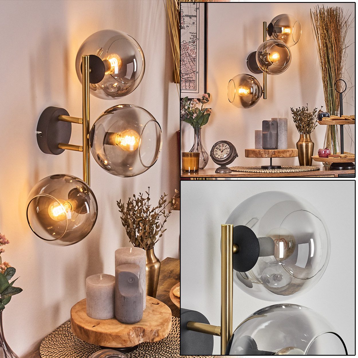 Wandleuchte Wandlampe aus Metall/Glas in Schwarz/Gold-/Rauchfarben/Klar