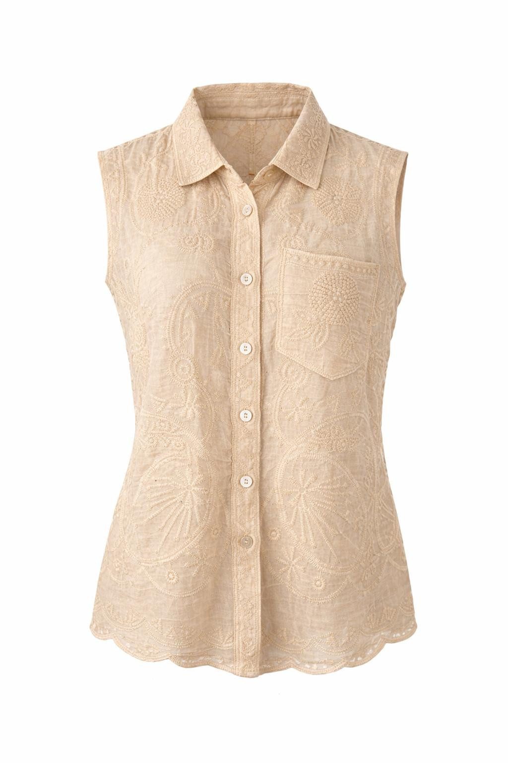 Shirtbluse Damen Shirtbluse ärmellos Baumwolle – Bluse mit Stickerei GR. 46-48