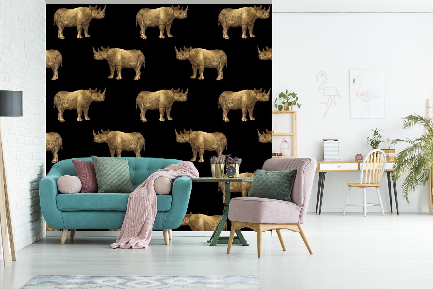 Nashorn für Wandtapete Tapete bedruckt, - Matt, oder Schwarz, - (5 MuchoWow Fototapete - Schlafzimmer, St), Muster Wohnzimmer Gold Vinyl