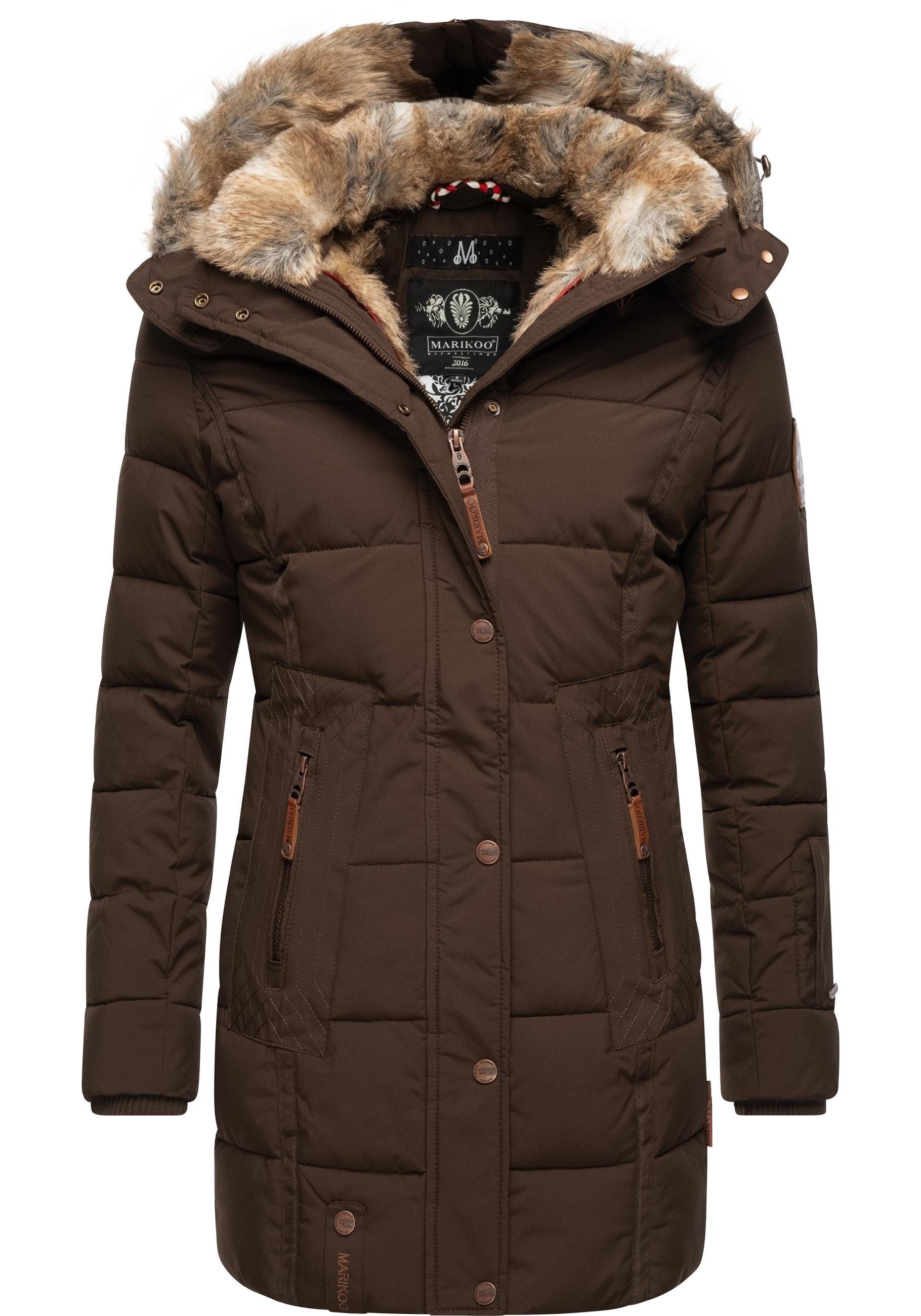 stylischer Wintermantel dunkelbraun Marikoo m. Winter Steppmantel Jacke Kunstpelz-Kapuze Lieblings