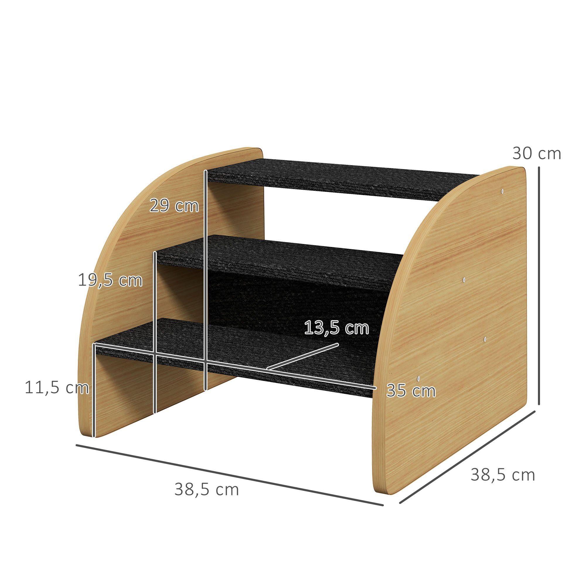 PawHut Haustiertreppe Hundetreppe 3 Stufen mit Seitenwand Hunderampe für Kleine Hunde (Haustierrampe, 1-St., Haustierleiter), Eiche+Schwarz 38,5 x 38,5 x 30 cm