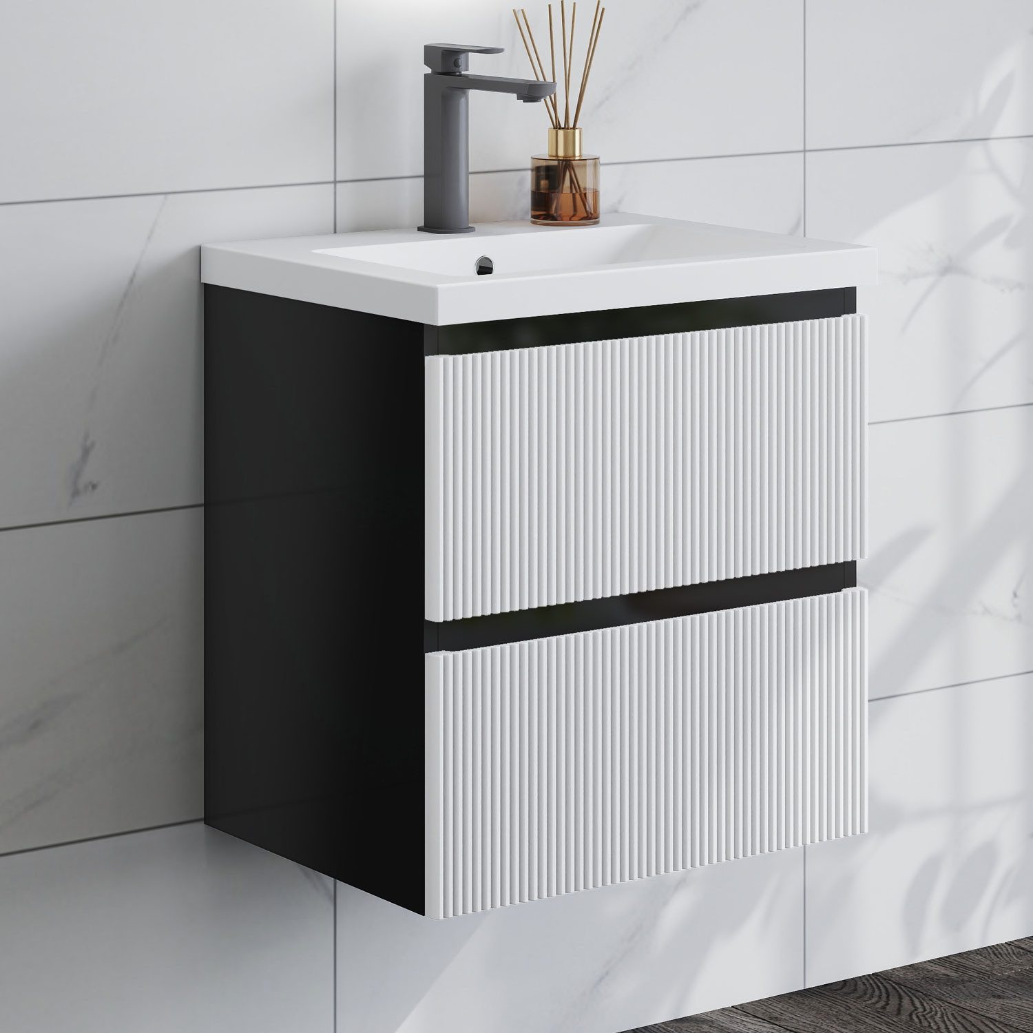 duschspa Waschtisch Waschbecken mit Unterschrank Badmöbel Set Hängeschrank, Weiß/Schwarz, 50-120 cm