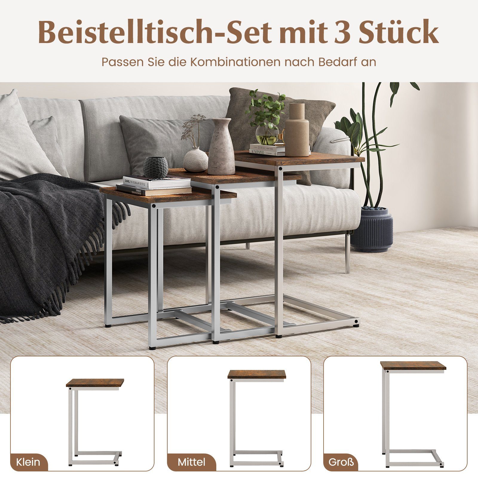 COSTWAY Beistelltisch, 3er Set, Couchtisch C-Form, Metallrahmen, stapelbar