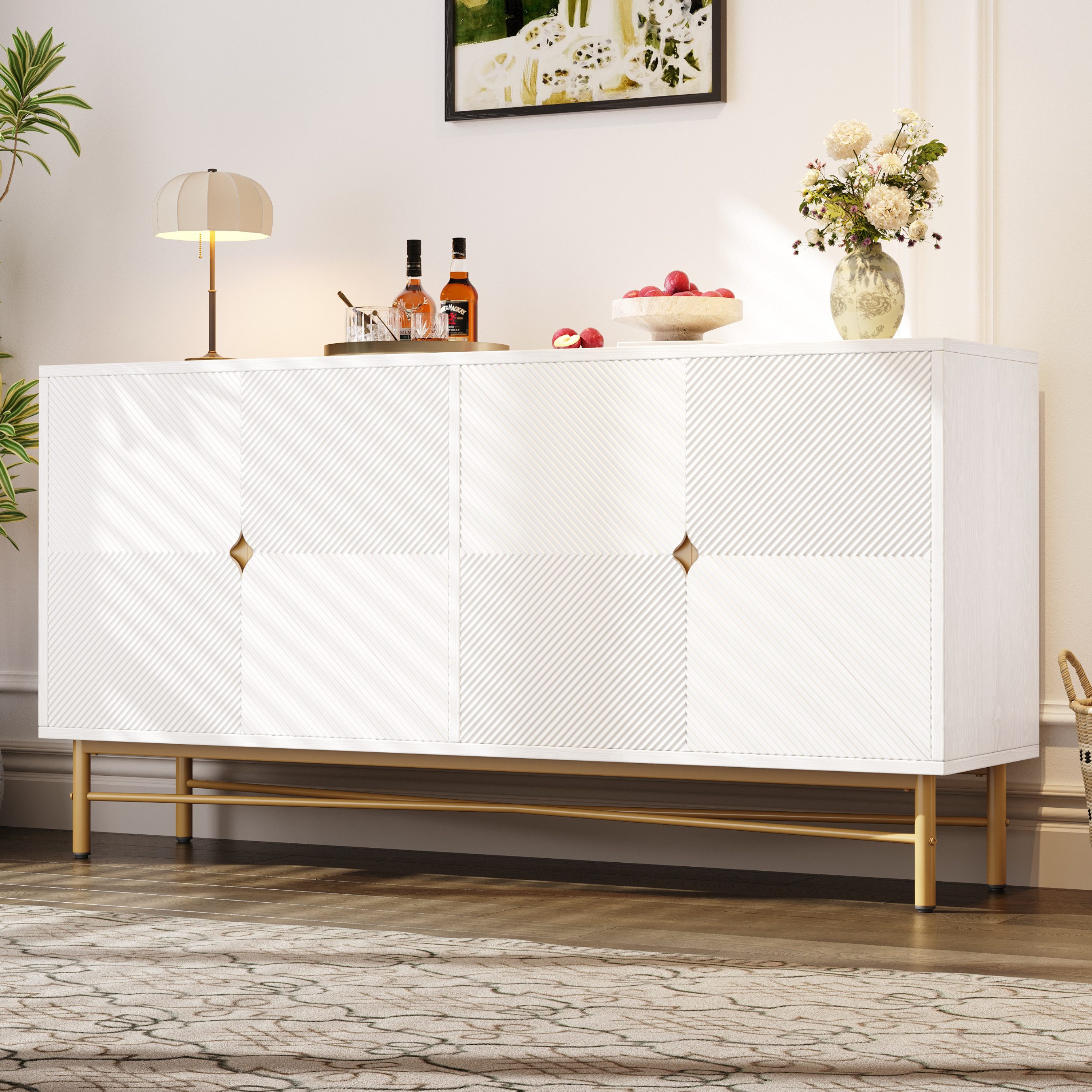 Merax Sideboard Kommode 160 cm, mit 4 Türen, Goldenes Bein (1 St., für Wohnzimmer & Esszimmer), Anrichte mit Verstellbare Einlegeböden