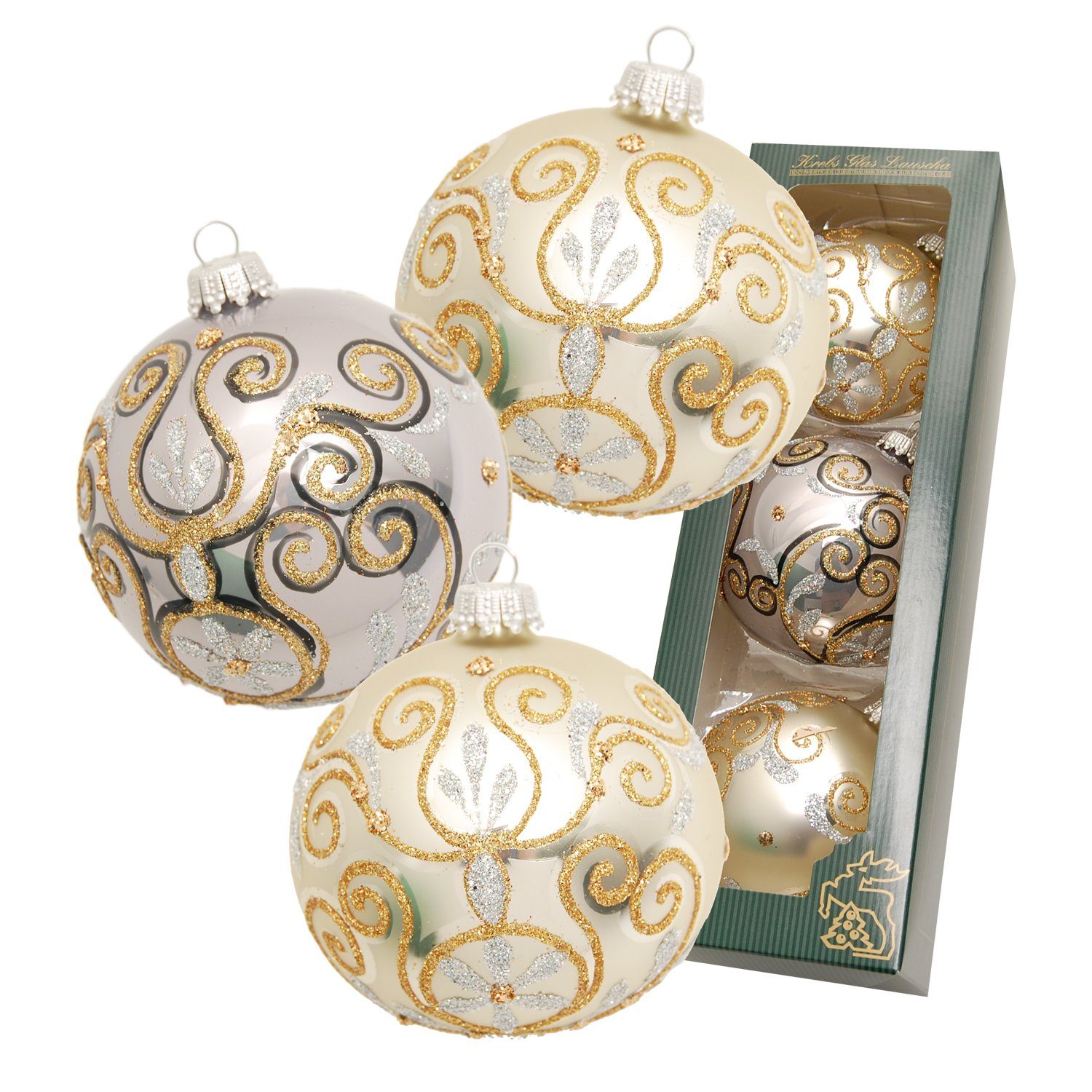 Chabli/Grau Krebs handbem Christbaumschmuck (3-tlg) 3-fach, 8cm Glas glanz Lauscha mundgeblasen, Glaskugelsortiment