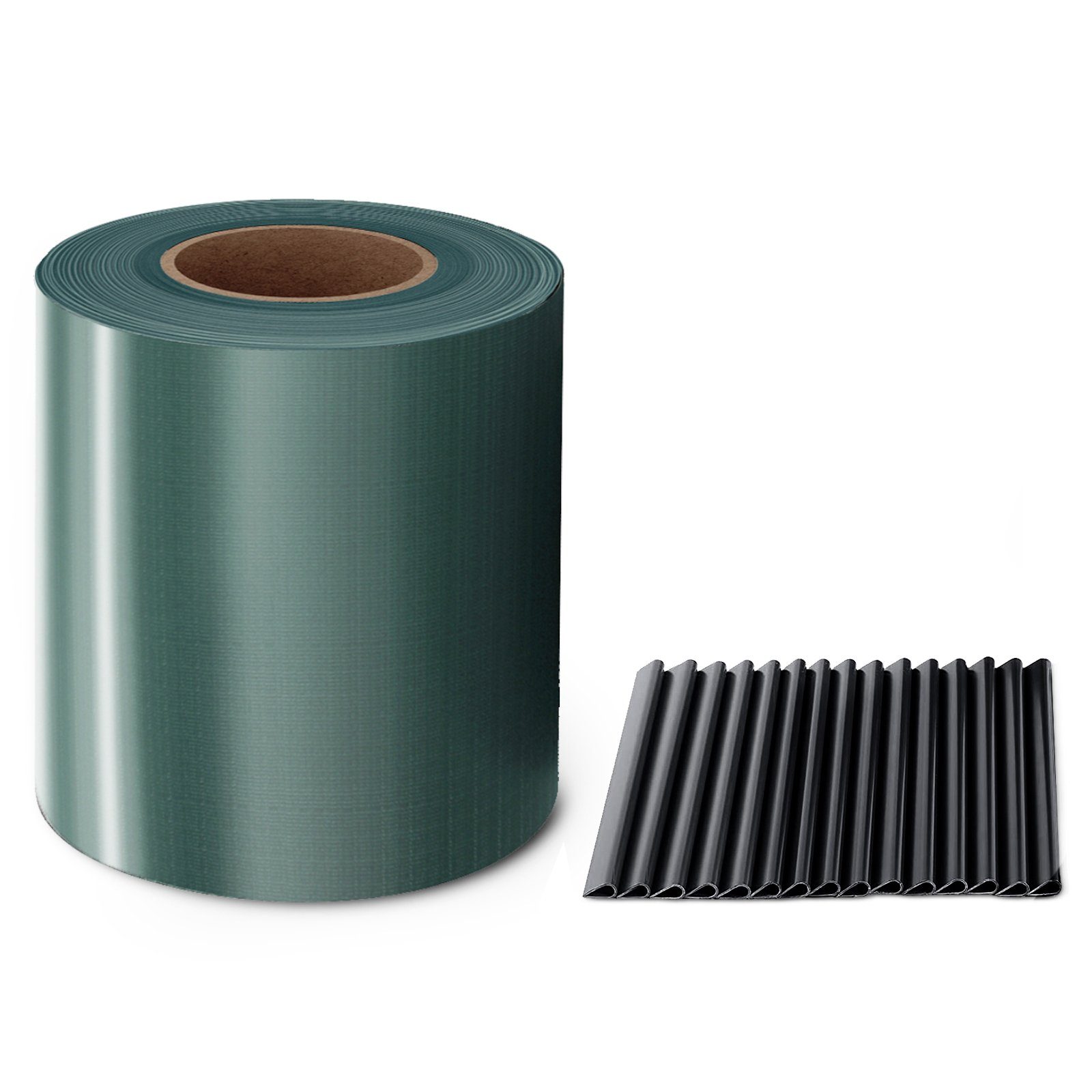 Midori Sichtschutzstreifen, (Packung, 7 Rollen PVC - Sichtschutz = 46,55 m² + 210 Befestigungsclips), Sichtschutzstreifen Zaunblende 35 m Rolle 19 cm PVC Zaunfolie Grün