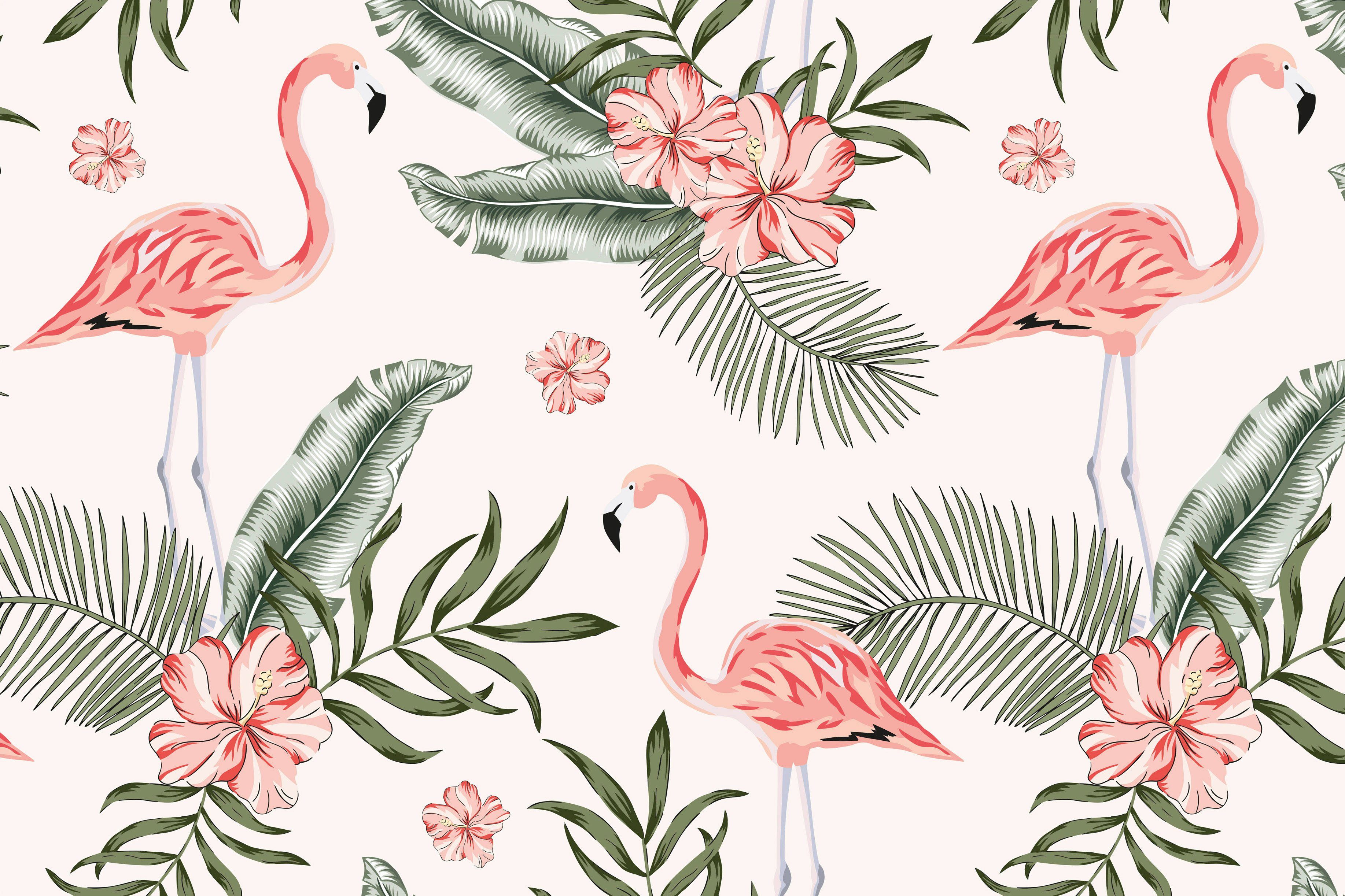 grün, Blumen beige Création rosa, Tropical Palmenblätter (1 Keilrahmen St), Flamingo Vibes, Leinwandbild A.S.
