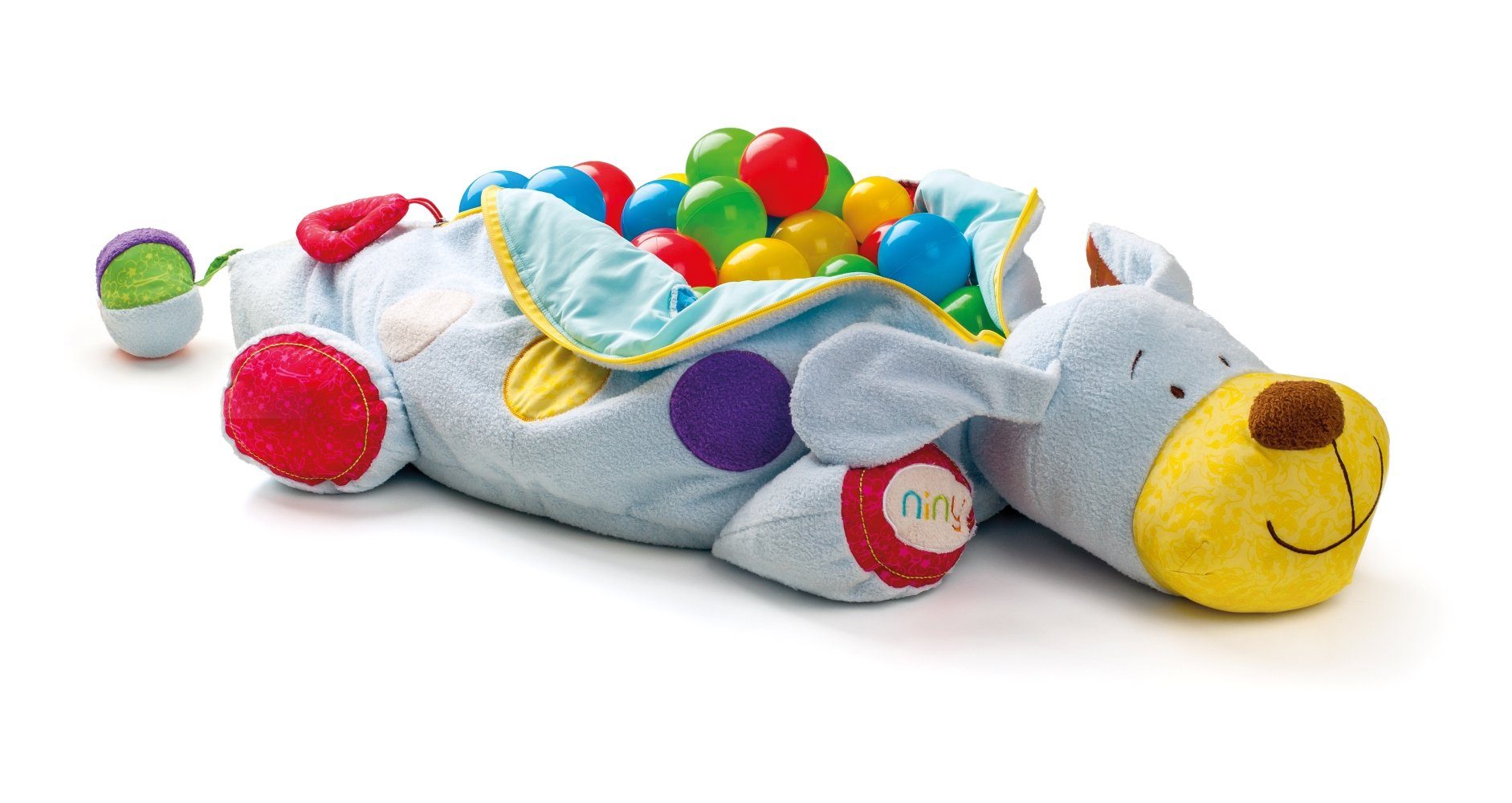 Woodyland Lernspielzeug Bällebad Kuschelhund Länge 124cm und Kuschelhund mit Soundeffekten