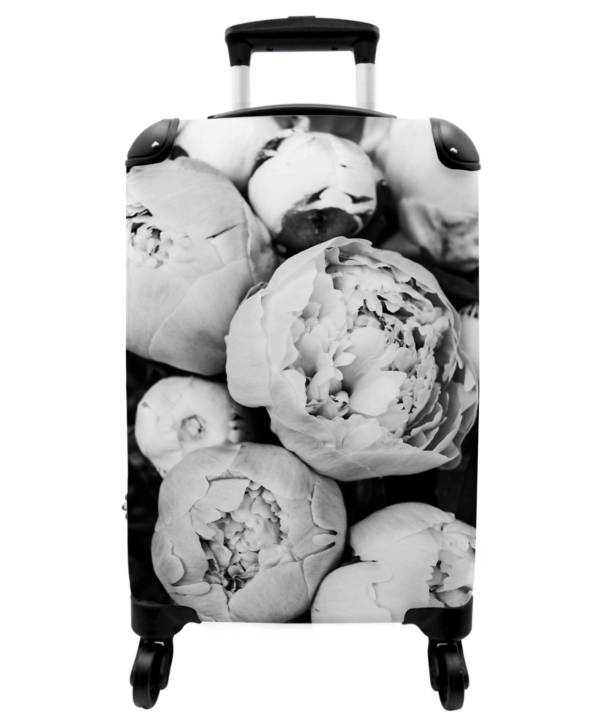 NoBoringSuitcases.com© Natur Handgepäckkoffer Schwarz Rollen Weiß Blumen - Rollen, und - Weiß, Kleine Cabin 55x35x20cm - Handgepäck Trolley Rollkoffer 4 mit 4 - Reisekoffer