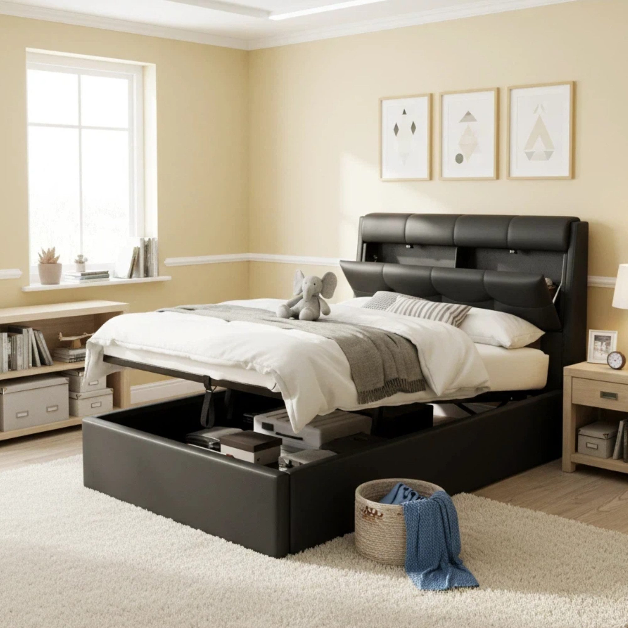 Flieks Polsterbett, Hydraulisches Stauraumbett Einzelbett 90x200cm Kunstleder