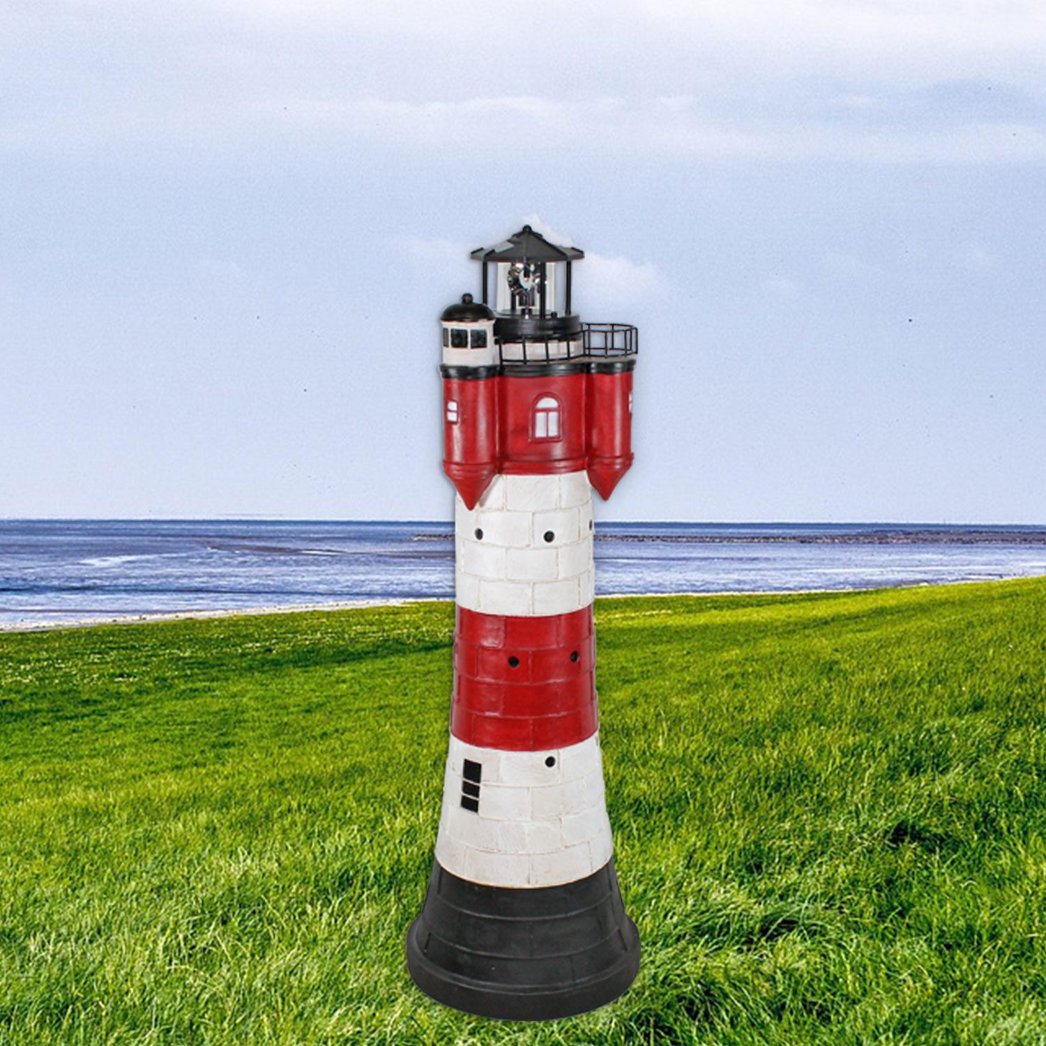 Fachhandel Plus Gartenfigur Leuchtturm Roter Sand mit Solar Beleuchtung Rundum Leuchtfeuer 80 cm, maritime Dekoration für Ihren Garten