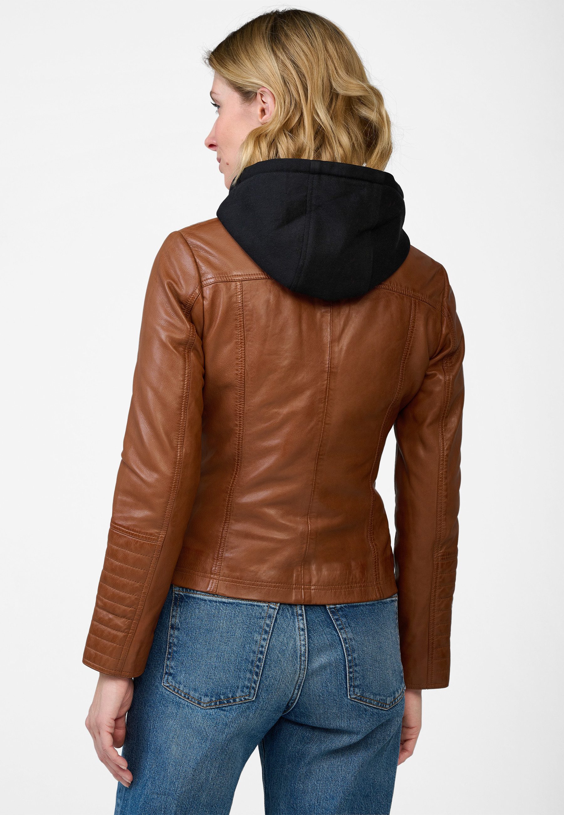 RICANO Lederjacke Rania Lederjacke mit Kapuze und Bikerapplikationen