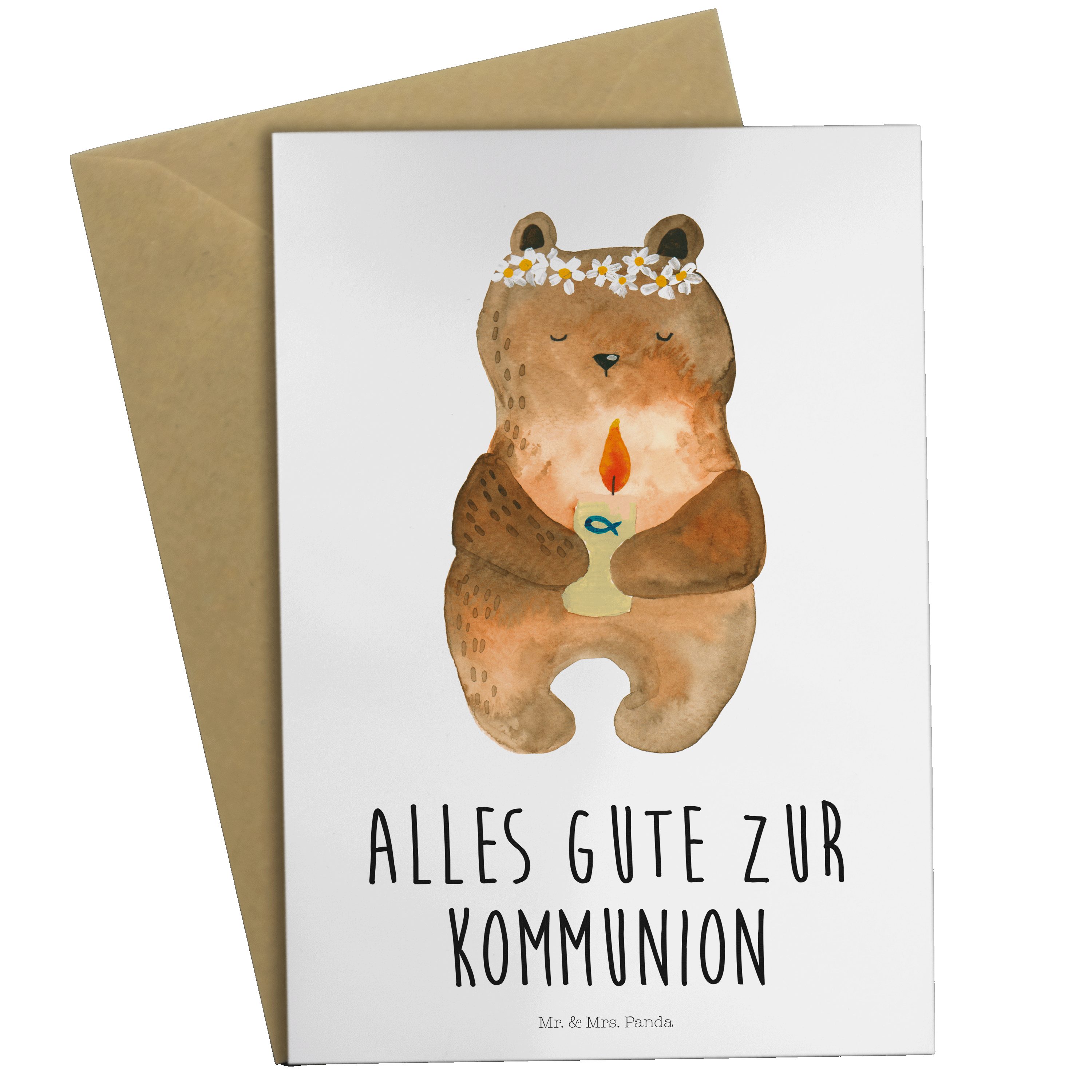 Mr. & Mrs. Panda Grußkarte Kommunion-Bär - Weiß - Geschenk, Taufkerze, Hochzeitskarte, Teddybär