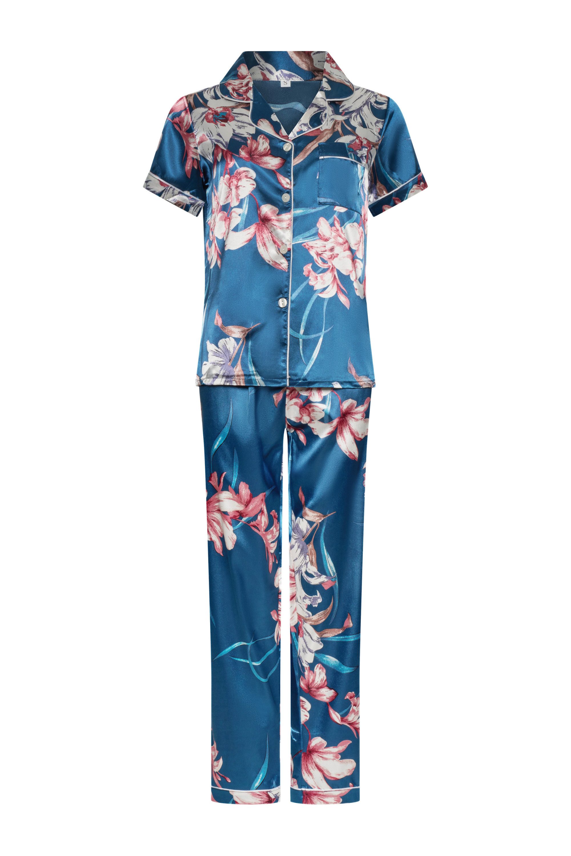 Elegant Love Pyjama Satin Schlafanzug-Set – stilvolle Damen-Nachtwäsche mit Blumendruck (Set, 2 tlg., Kurzarm-Oberteil + lange Hose) Damen Loungewear & Hausanzug – ideal für gemütliche Stunden