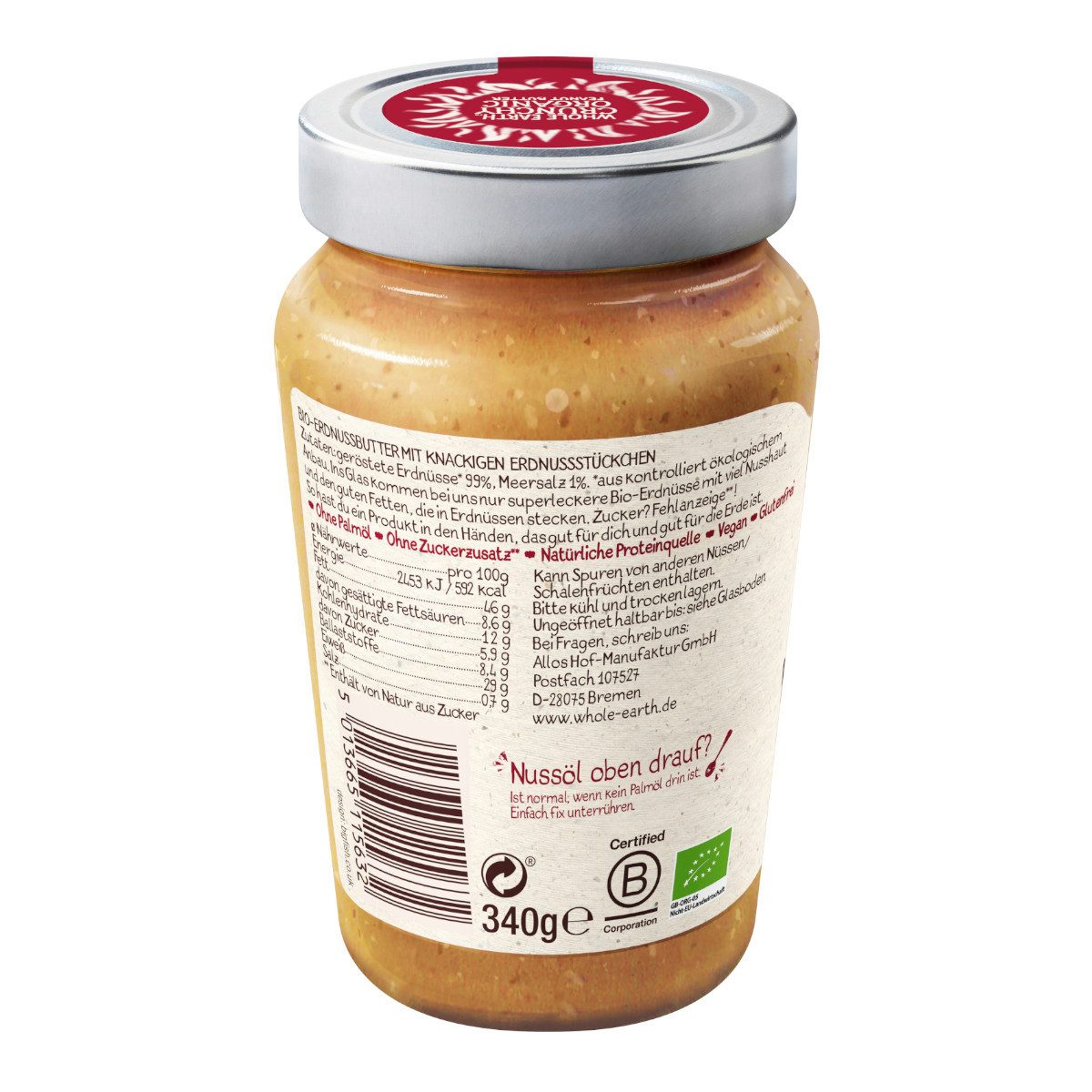 Whole Earth Nussaufstrich, Whole Earth Bio Peanut Butter Crunchy Erdnussbutter Packung 340g