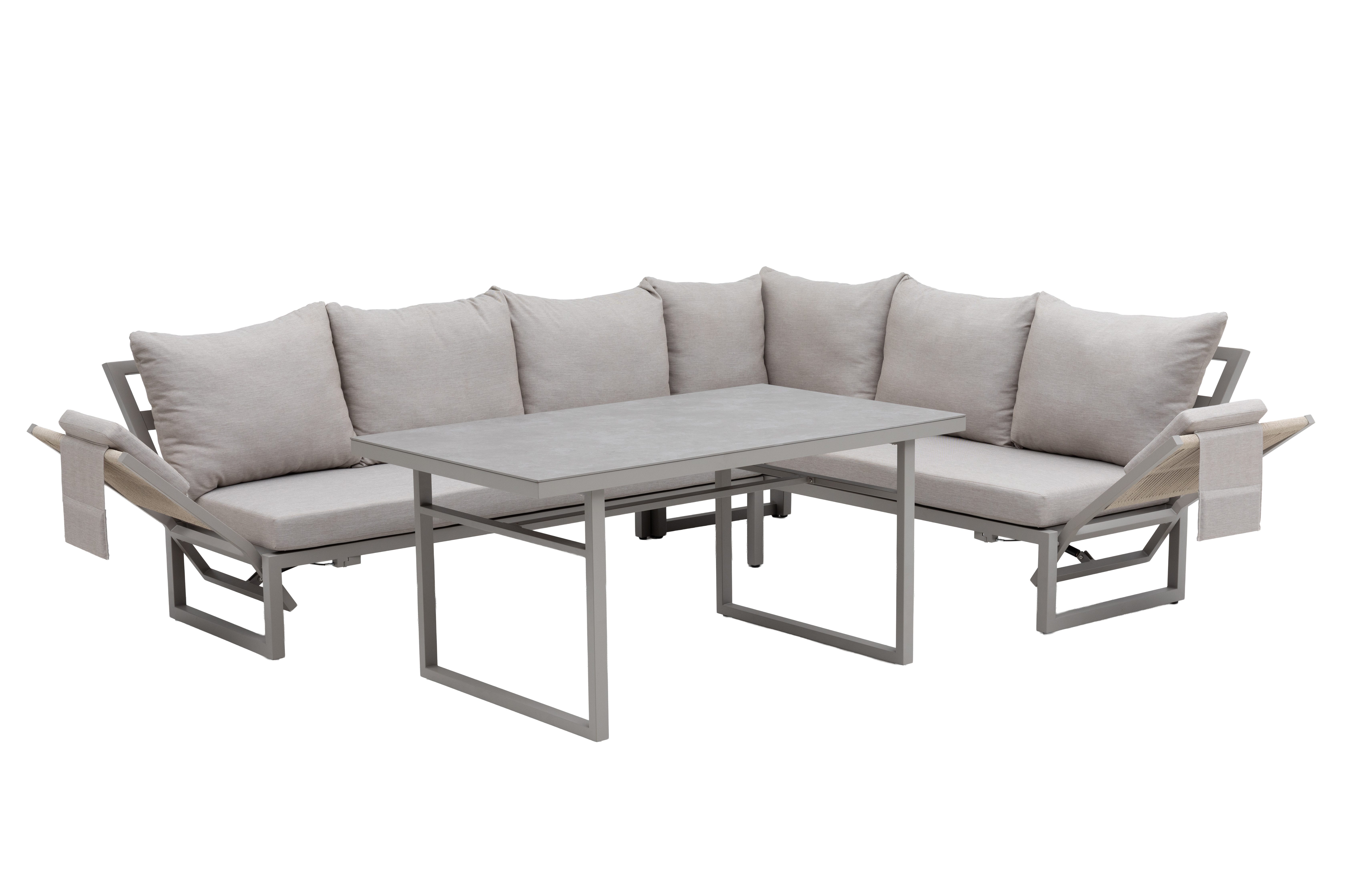 Gardissimo Gartenlounge-Set San Remo XL Dining Ecklounge Set mit Esstisch Aluminium Rope, (Spar-Set, 4-tlg., Eckelement + 2 Stapelstühle + hoher Tisch + Auflagen), Armlehnen stufenlos verstellbar / wetterfest