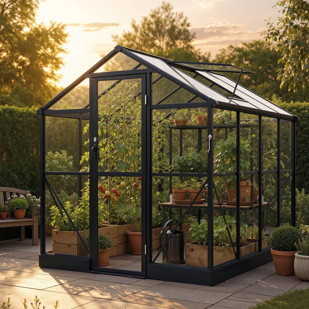 HOME DELUXE Gewächshaus inkl. Fundament ALBORA, BxTxH: 184 x 244 x 203 cm, 2 mm Wandstärke, Polycarbonatplatten, inkl. Regenrinnen mit Auslass & Dachlüftung