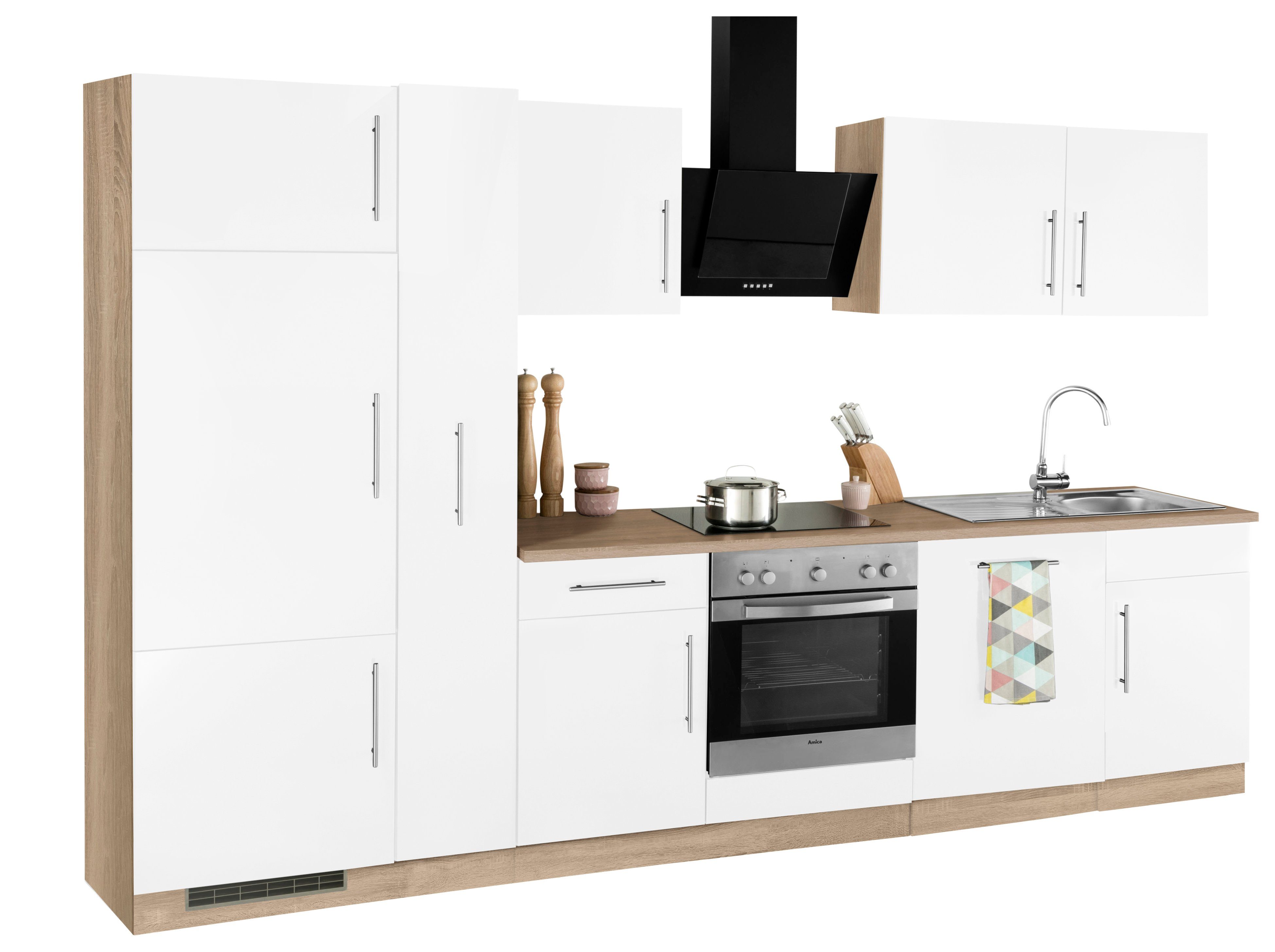wiho Küchen Küchenzeile Cali, mit E-Geräten, Breite 310 cm Front: Weiß matt, Korpus und Arbeitsplatte: Sonoma eichefarben | Eichefarben