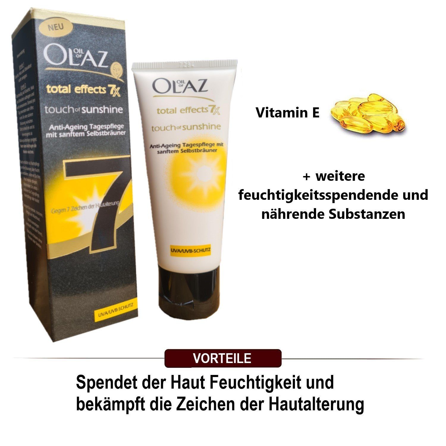 OLAZ Tagescreme Total Effects Touch of Sunshine Tagescreme mit Selbstbräuner 40ml Anti-Aging Creme für natürliche & fleckenfreie Bräune, straffung, jüngeres Aussehen, Anti Falten Hautcreme mit Vitamin E Naturkosmetik Make up Beauty Feuchtigkeitscreme für Frauen Pflege & Schutz von Unreiner, 1-tlg., Haut Creme für alle Hauttypen Feuchtigkeitspflege Hautcreme