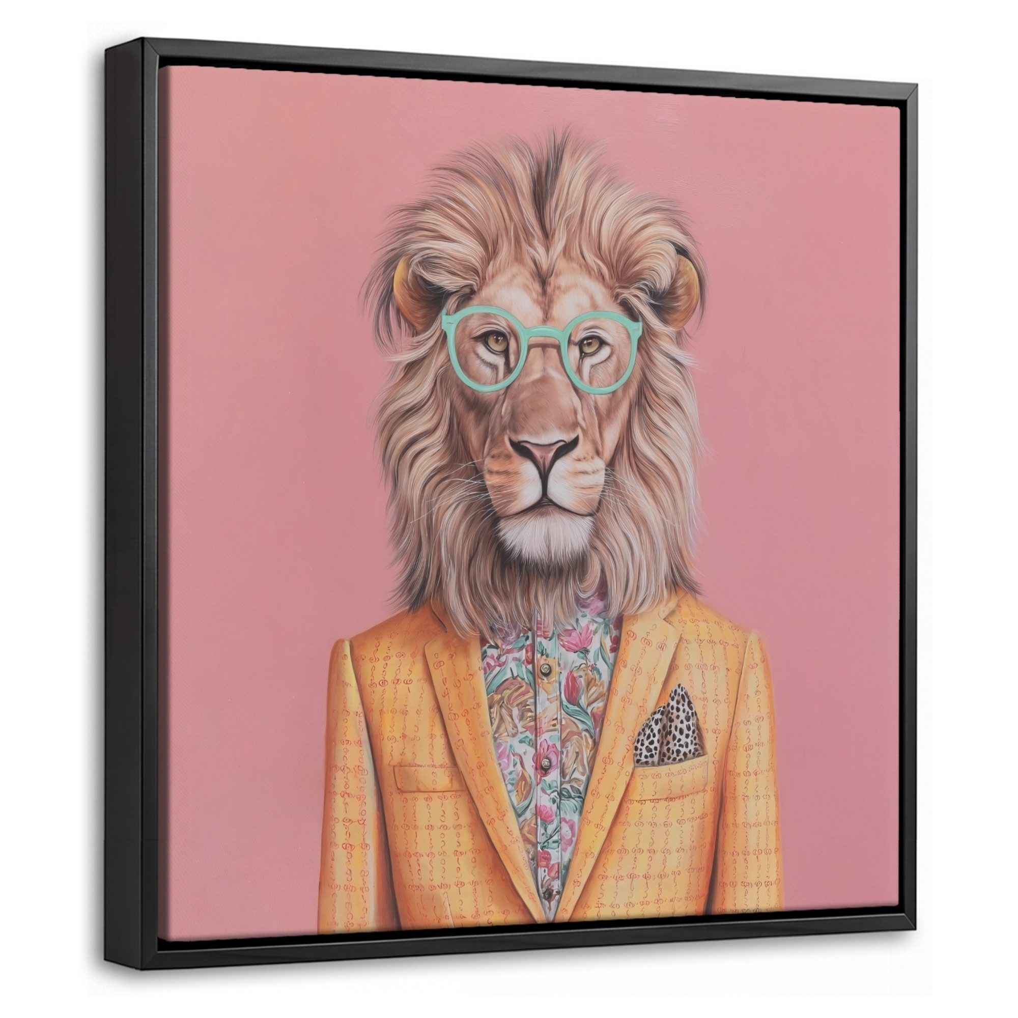 OneMillionCanvasses® Leinwandbild mit Rahmen - Löwe - Anzug - Kariert - Brille, Fotodruck (1 St), Leinwand Bilder Klein, Wand Dekoration Aesthetic 20x20cm