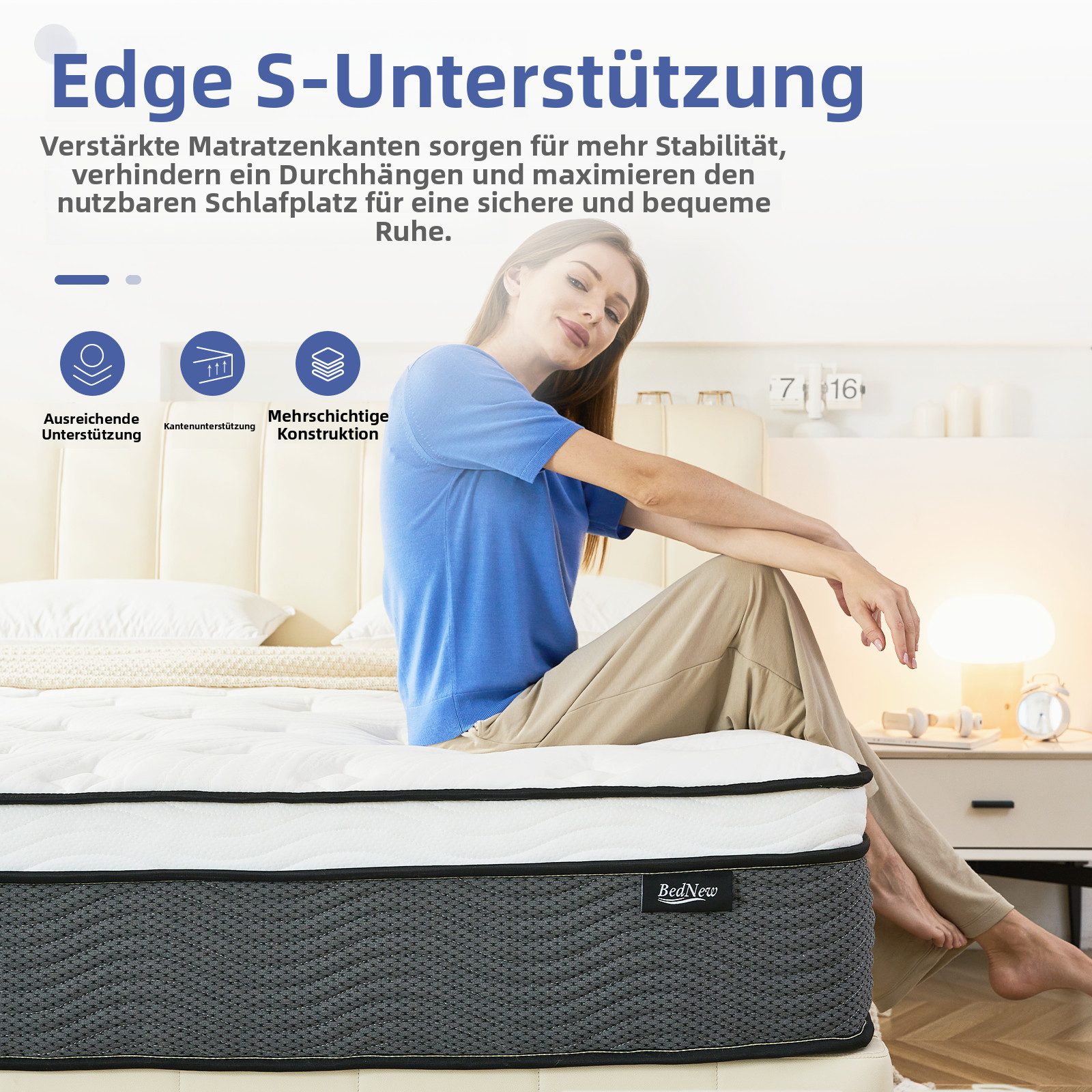 Taschenfederkernmatratze mit Comfort Memory-Schaum Schicht, 140 x 200cm,H3 Höhe, Bednew, 34 cm hoch, Druckentlastung, Temperaturausgleichend, 101 Nächte Probeschlafen