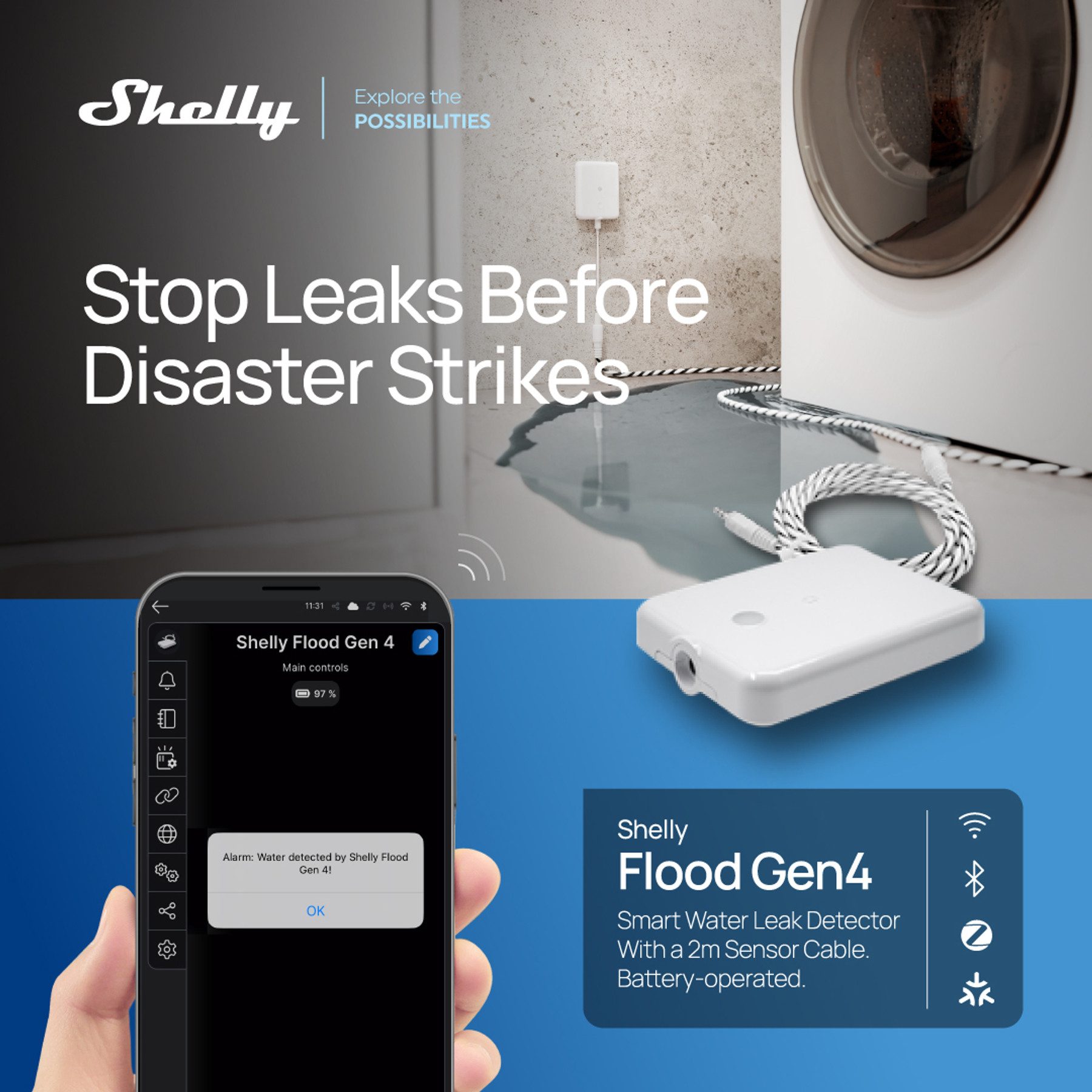 Shelly Flood Gen4 Wassersensor - Smart Home Leckerkennung Mit 2m Kabel, IP44, Matter