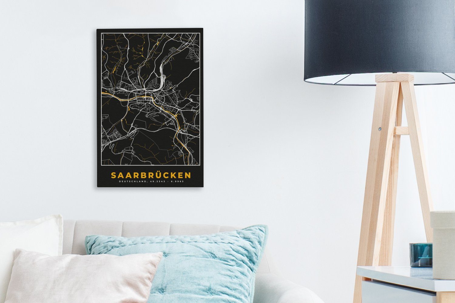 Deutschland, (1 Leinwandbild - Gold - fertig cm 20x30 Zackenaufhänger, Gemälde, - Stadtplan Karte inkl. bespannt Leinwandbild Saarbrücken OneMillionCanvasses® St), -