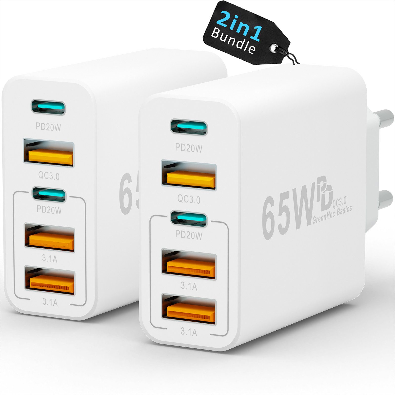 GreenHec Schnellladegerät USB C Ladegerät 65w Fast Charger Adapter 2x Schnelllade-Gerät (50 mA, Spar-Set, 65w Penta Charger 2er Pack, für Apple iPhone, Samsung, Xiaomi, Google Mehrfach Multi Netzteil)