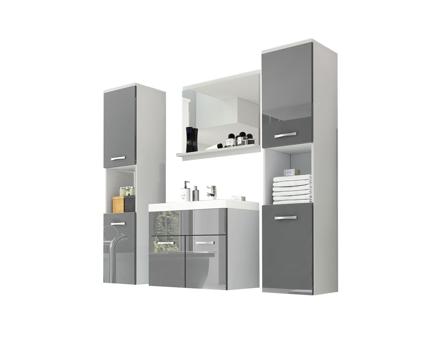 Feldmann-Wohnen Badmöbel-Set Montreal, (2 Hängeschränke, 1 Spiegel, 1 Waschbeckenunterschrank, 1 Waschbecken, 5-St., Türen, Einlegeböden, offene Fächer, Spiegel, Waschbecken), 5-teilig, weiß / grau Hochglanz lackiert