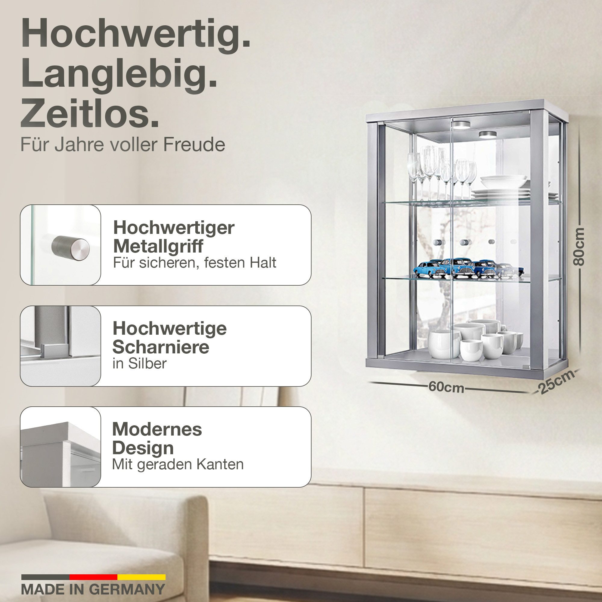 K-Möbel Hängevitrine C1013 (Glasvitrine (80x60x25 cm) mit 2 Glastüren)
