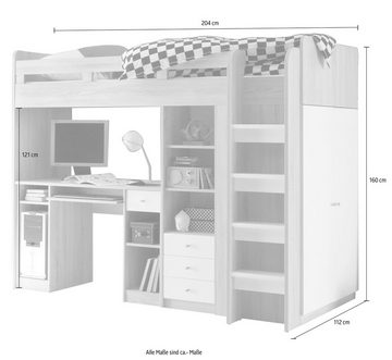 Begabino Hochbett Unit mit Kleiderschrank, Schreibtisch und Schubladen