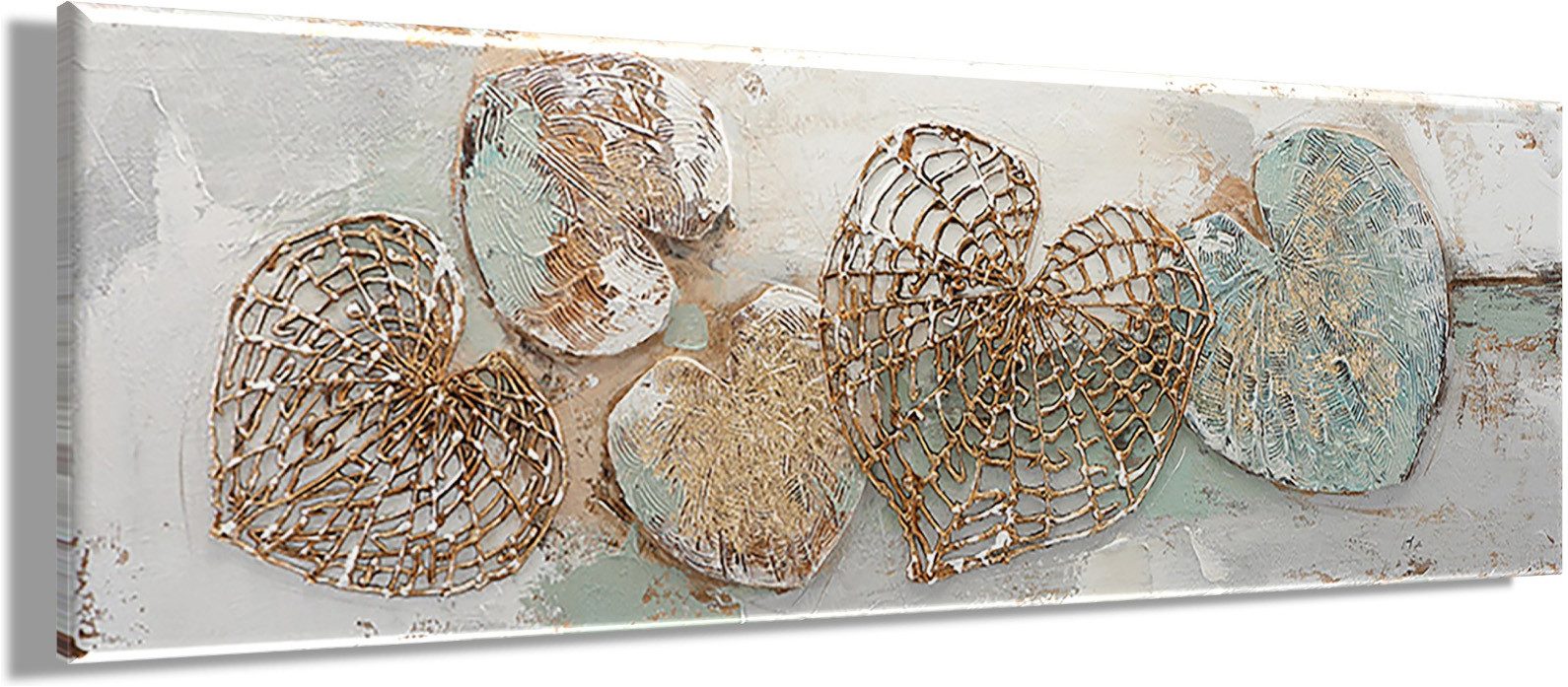 Bönninghoff Ölgemälde handarbeit HERZEN 40x120 cm – Wandbild Kunst Deko modern, Abstrakt, Blätter, Blätterbilder, Formen, Kunst, Symbole (1 St), handgefertigt, jedes Bild ein Unikat