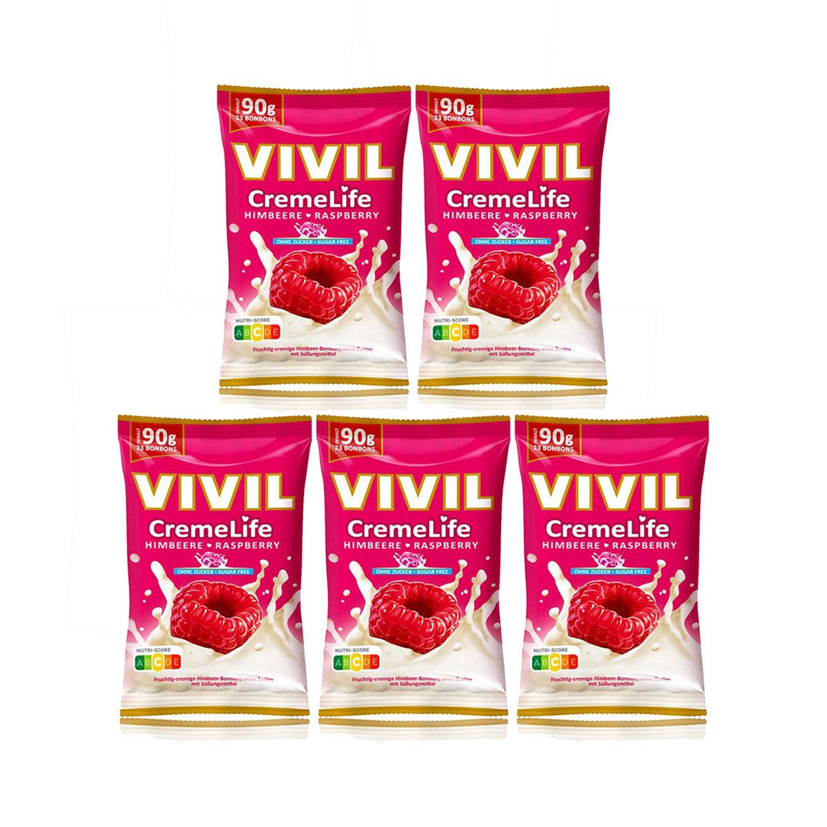 VIVIL Süßigkeit, Vivil Creme Life Himbeere fruchtige Bonbons zuckerfrei 90g 5er Pack