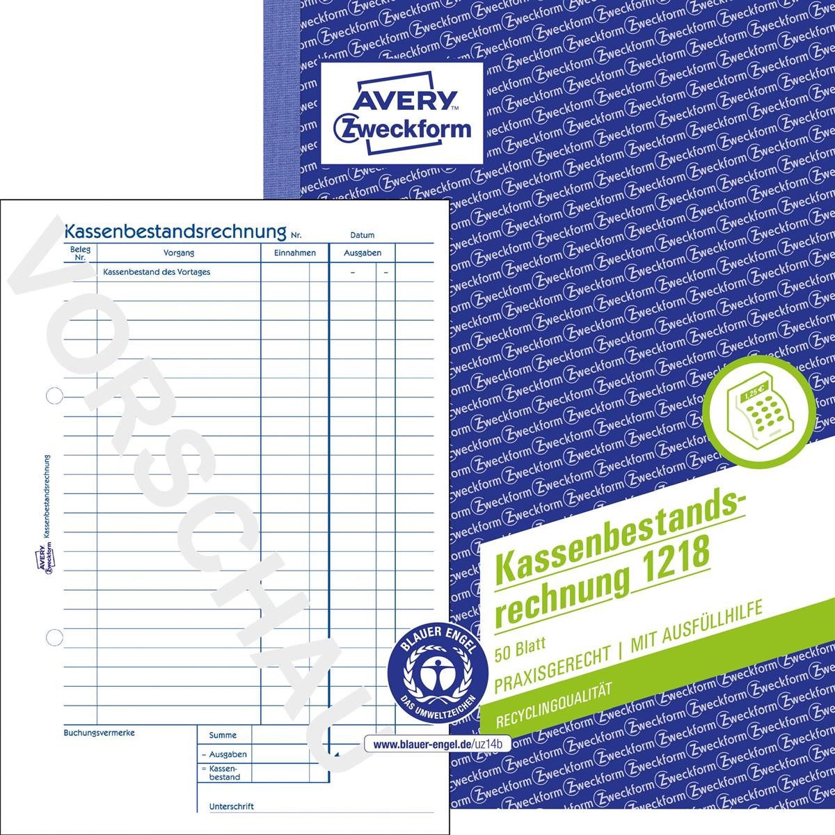 Avery Zweckform Formularblock 1218 1218 Kassenbestandsrechnung Recycling - A5, MP, BP, 50 Originale
