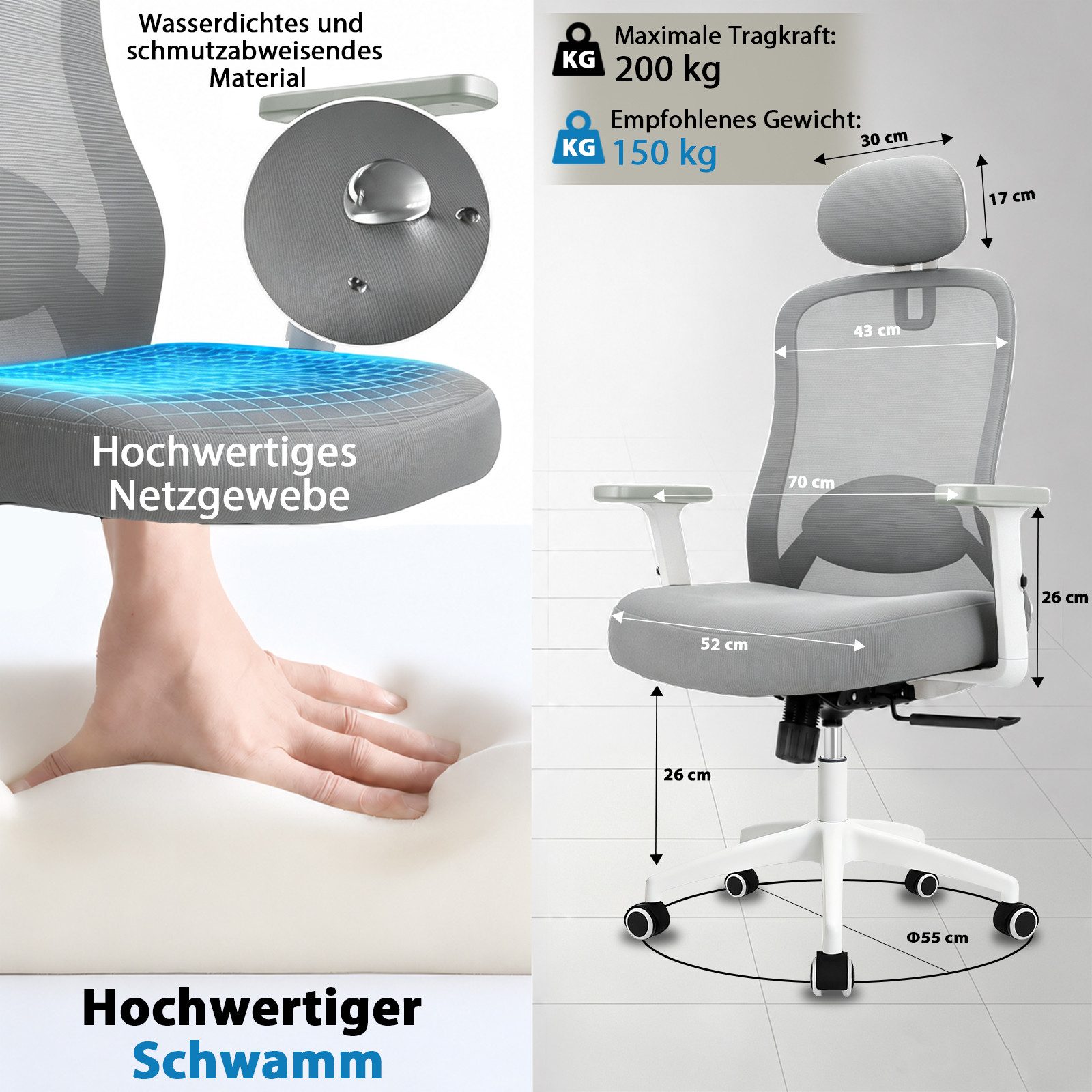 Milacyee Bürostuhl Chefsessel Wippfunktion 200kg belastbar ergonomisch,Bürostuhl (Verstellbare und feststellbare Lendenstütze + Kopfstütze + höhenverstellbare A – Bild 5 von 5