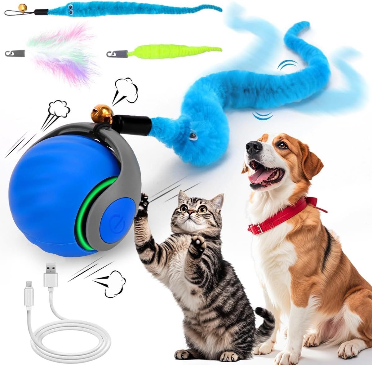 TUWENA Tier-Intelligenzspielzeug Elektrisch Katzenspielzeug Ball interaktives Spielzeug mit Schwanz, Wiederaufladbar, Auto-Ausweichung, 3 Schwänze, Smartmodus, 360° Rollen