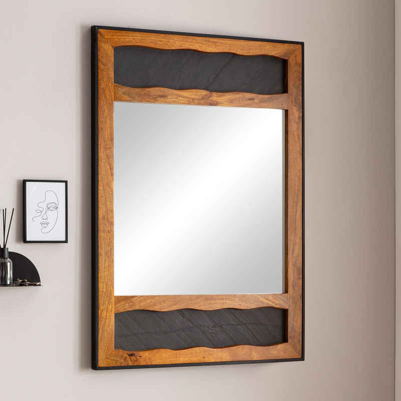 FINEBUY Настінне дзеркало (72x102x3 cm Mango Massivholz mit Wellenmuster), Hängespiegel Groß, Garderobenspiegel Modern