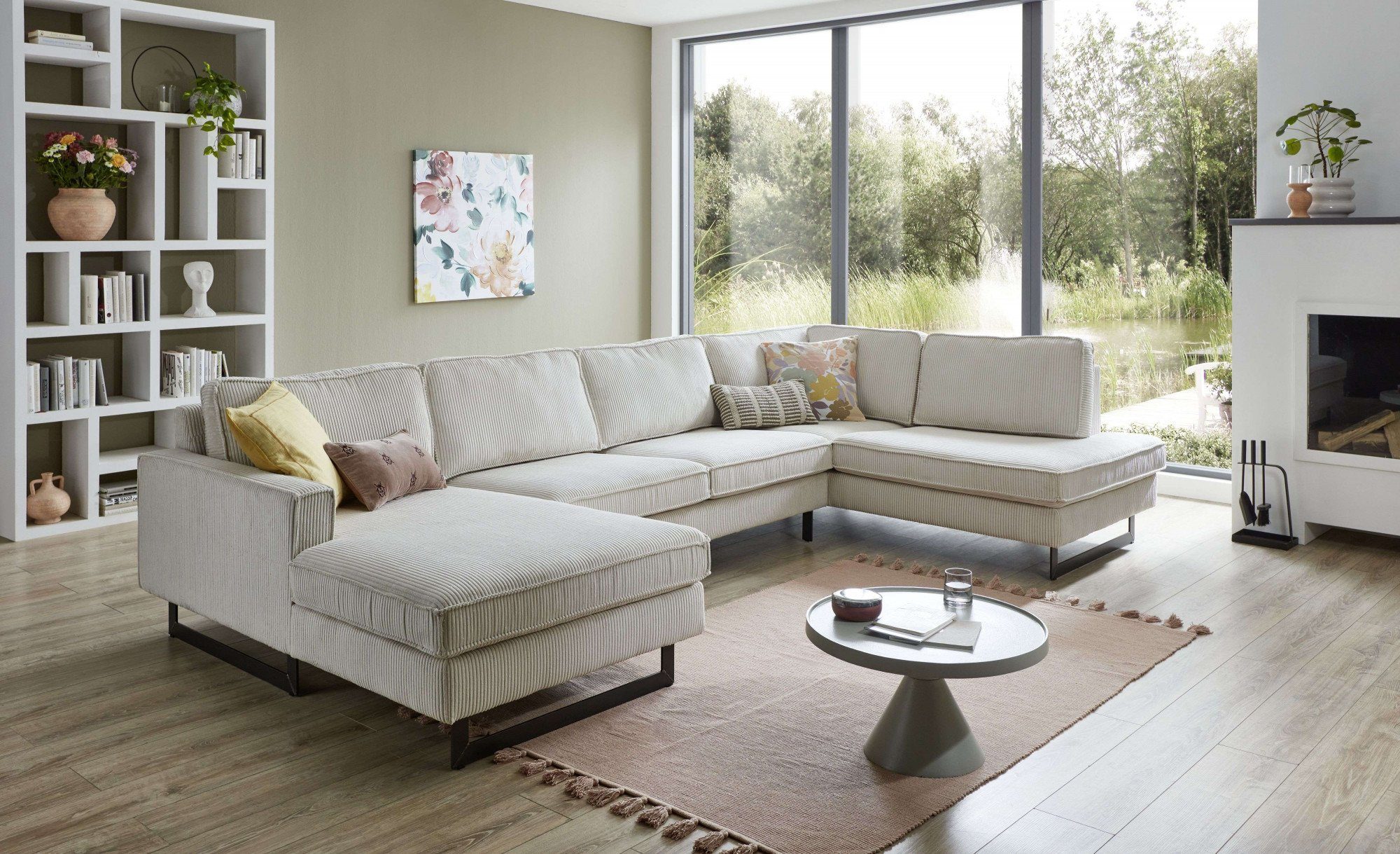 Home affaire Wohnlandschaft Pinto, 350 cm, U-Form, XXL, mit Ottomanen, Cord, Chenille, Lederoptik, mit Keder, Metallfüße, Wellenunterfederung