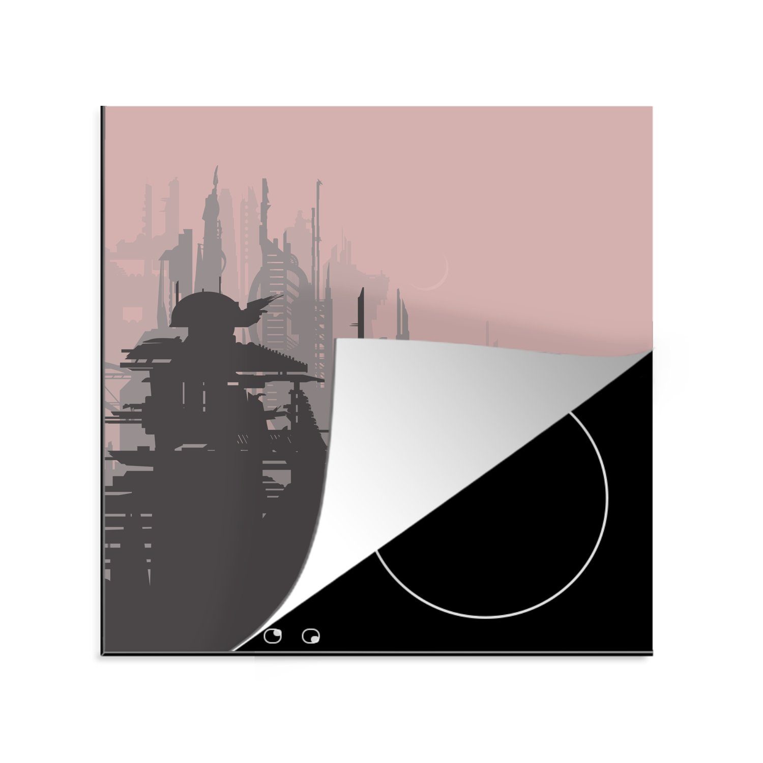 MuchoWow Herdblende-/Abdeckplatte Eine Science-Fiction-Illustration einer Skyline, Vinyl, (1 tlg), 78x78 cm, Ceranfeldabdeckung, Arbeitsplatte für küche
