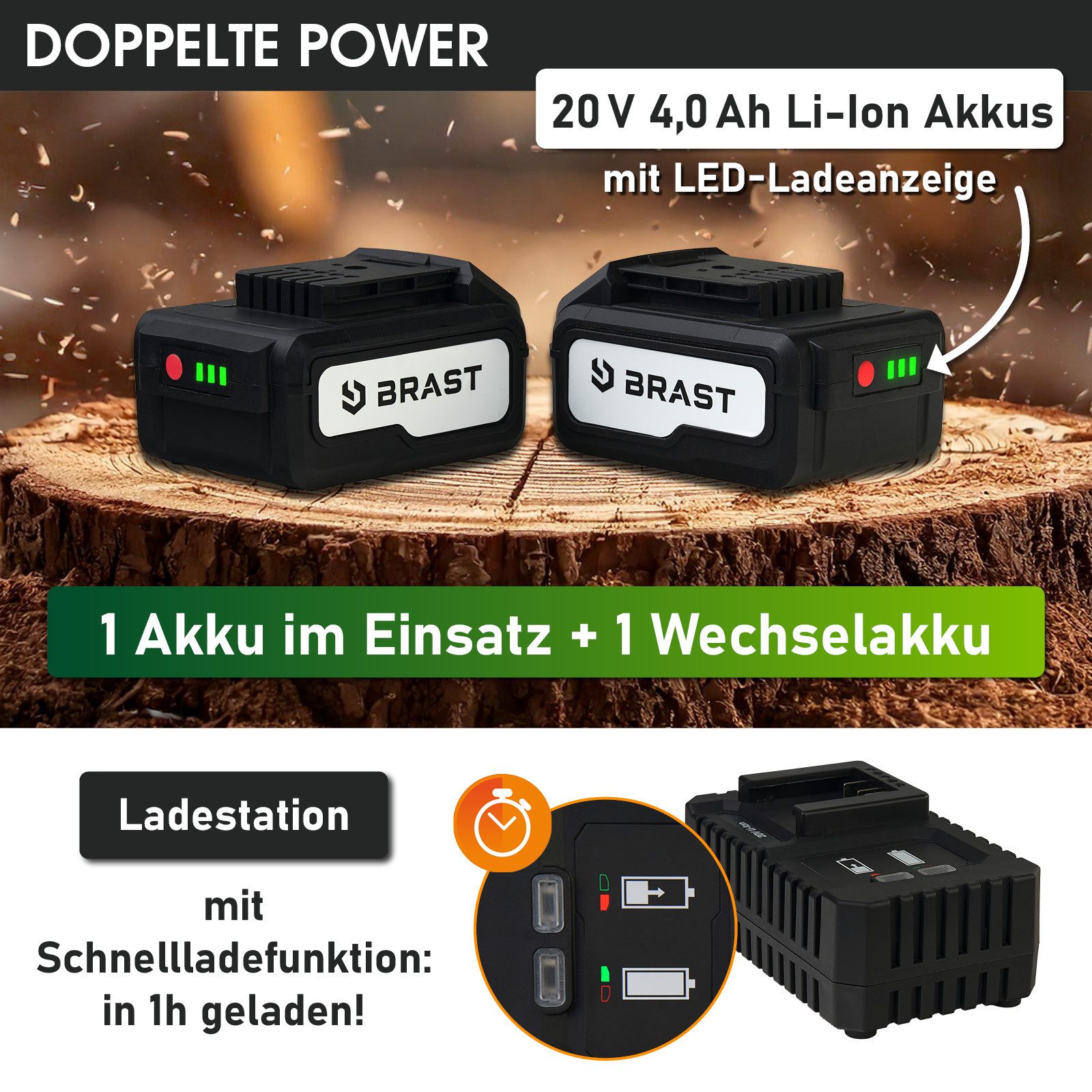 BRAST Heckenschere Teleskop- und Hochentaster, 2in1 Funktion, 2x 20V 4Ah Akkus, (inkl. Schnellladegerät), gummierter Griff + Schultergurt