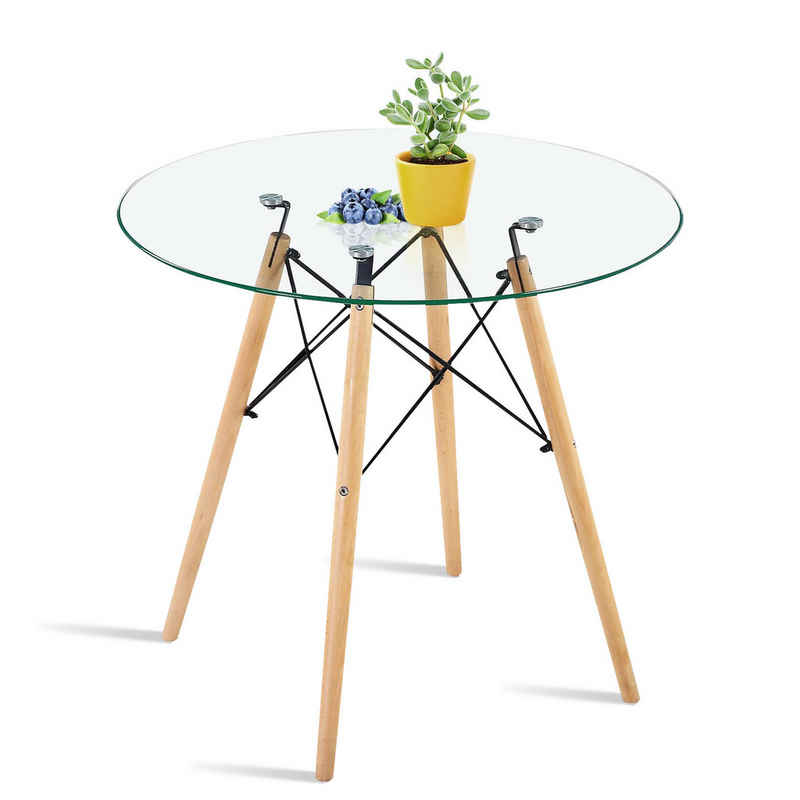 Fruyyzl Esstisch Glastisch mit Beine aus Buche, Rund mit Metallrahmen, Ø: 80 x H: 75 cm