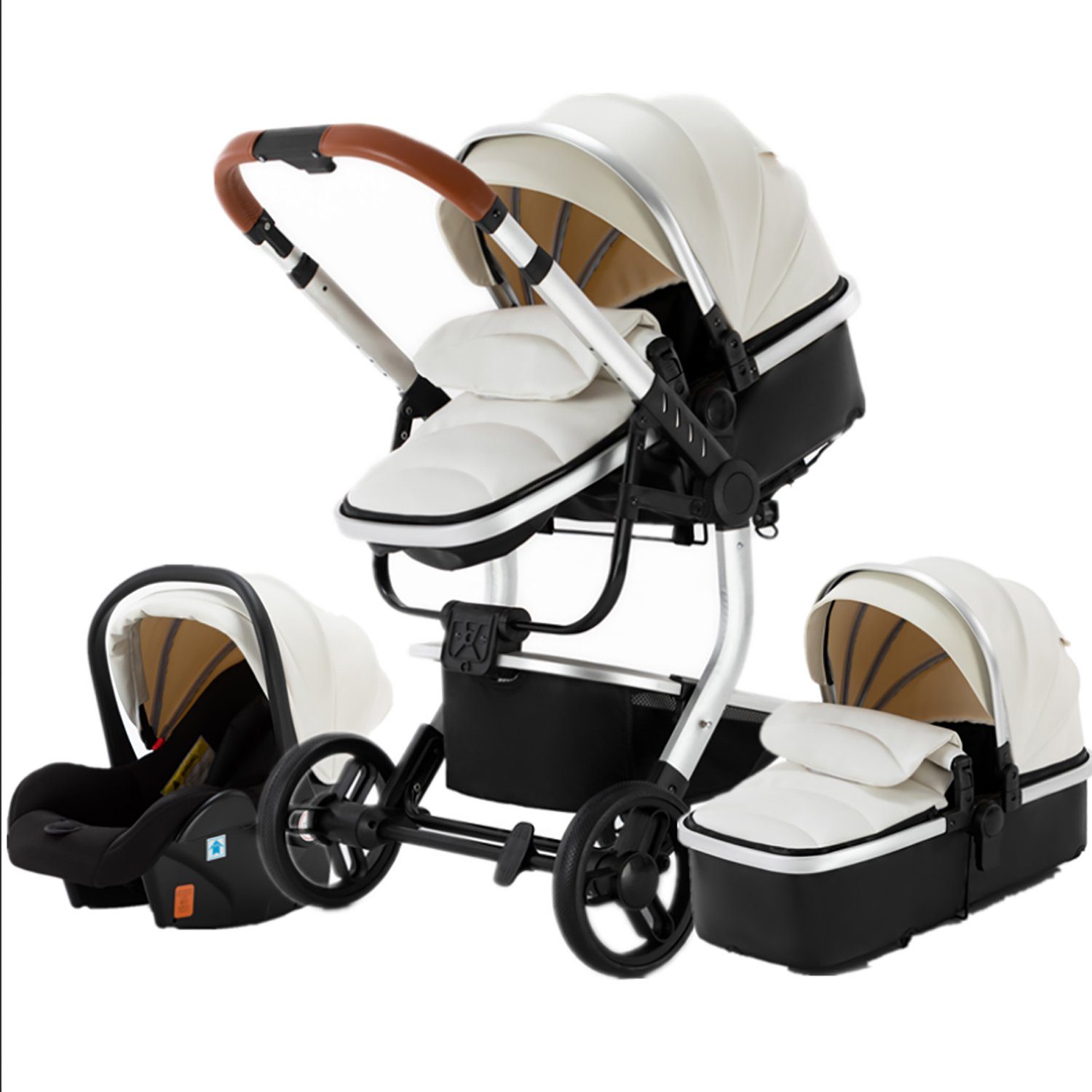 TPFFamily Kombi-Kinderwagen Babyschale Baby Buggy Babywanne 5-Punkt-Sicherheitsgurt Moskitonetz, Getränkehalter inkl. Zubehörset Kinderwagen 3 in 1 Kunstleder Weiß