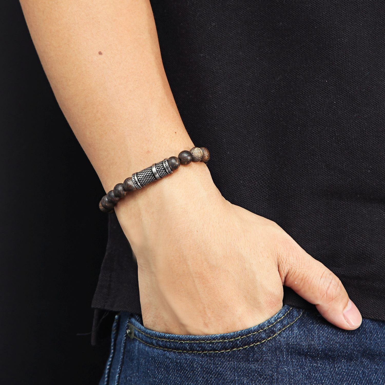 echten Stretch-Bead-Armband „Urban Rocks“ Kingka Steinkugeln Bronzit mit mit Armband piece, REPTILE und center Design