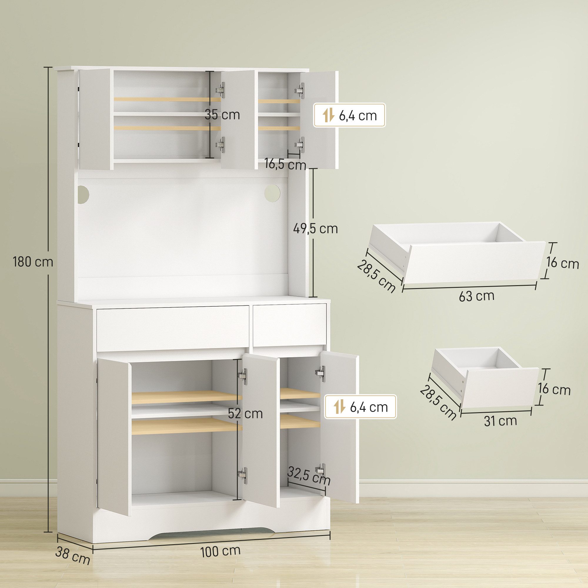 HOMCOM Küchenbuffet Küchenschrank Buffetschrank mit Arbeitsplatte, 6 Türen (Mikrowellenschrank, 1-St., Hochschrank) mit Modernem Design, Weiß
