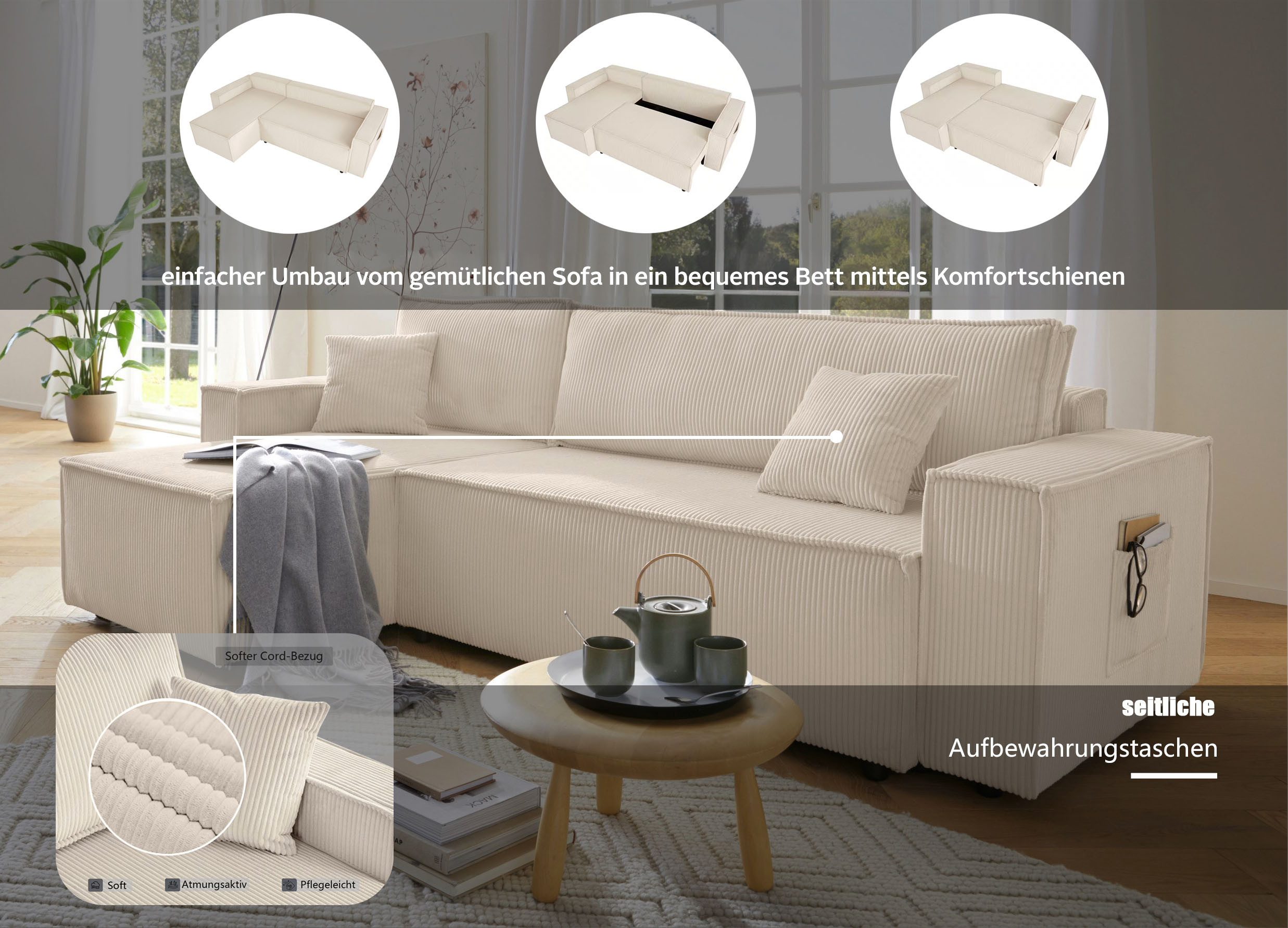 OTTO home Ecksofa CASSI L-Form, 241cm - OTTO. Verlässliche Qualität., Schlaffunktion (133/200), Bettkasten, Cord, Unser Tiefpreis