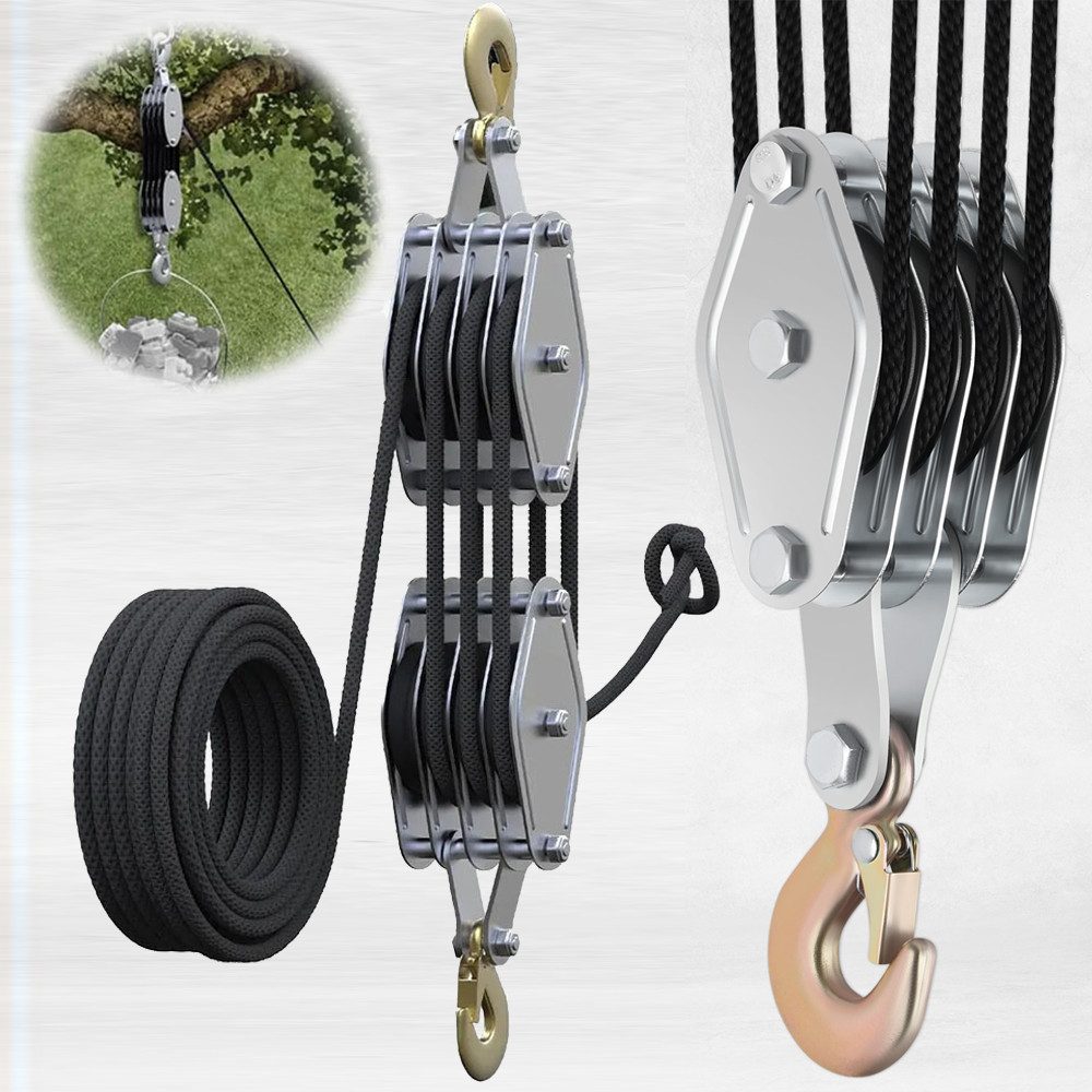 PRIISF Kettenzug Schwerlast Flaschenzug Seilzug Hebezug Lastenzug 2000kg 20m Seilwinde, (Lastenheber Handseilwinde Umlenkseil Arbeitssparender Flaschenzug, Maximale Kapazität: 2000 kg Max. Hubhöhe: 2,5 m), mit 8 Umlenkrollen und 20m Seil Transport Schwere