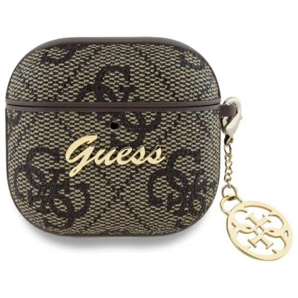 Guess Kopfhörer-Schutzhülle Case AirPods 4 Kunstleder braun Logo Metal Kette goldfarbig, Kantenschutz